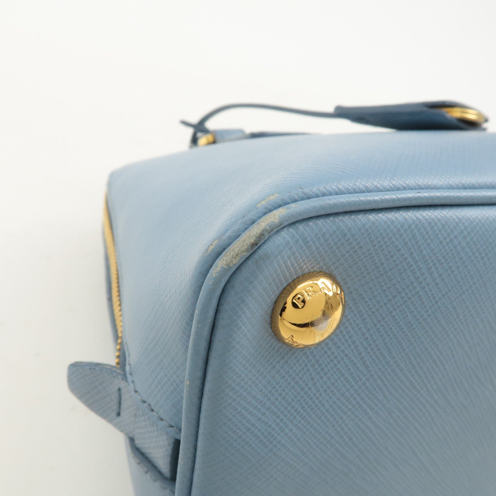 PRADA Triangle Logo Saffiano Leather Hand Bag Light Blue