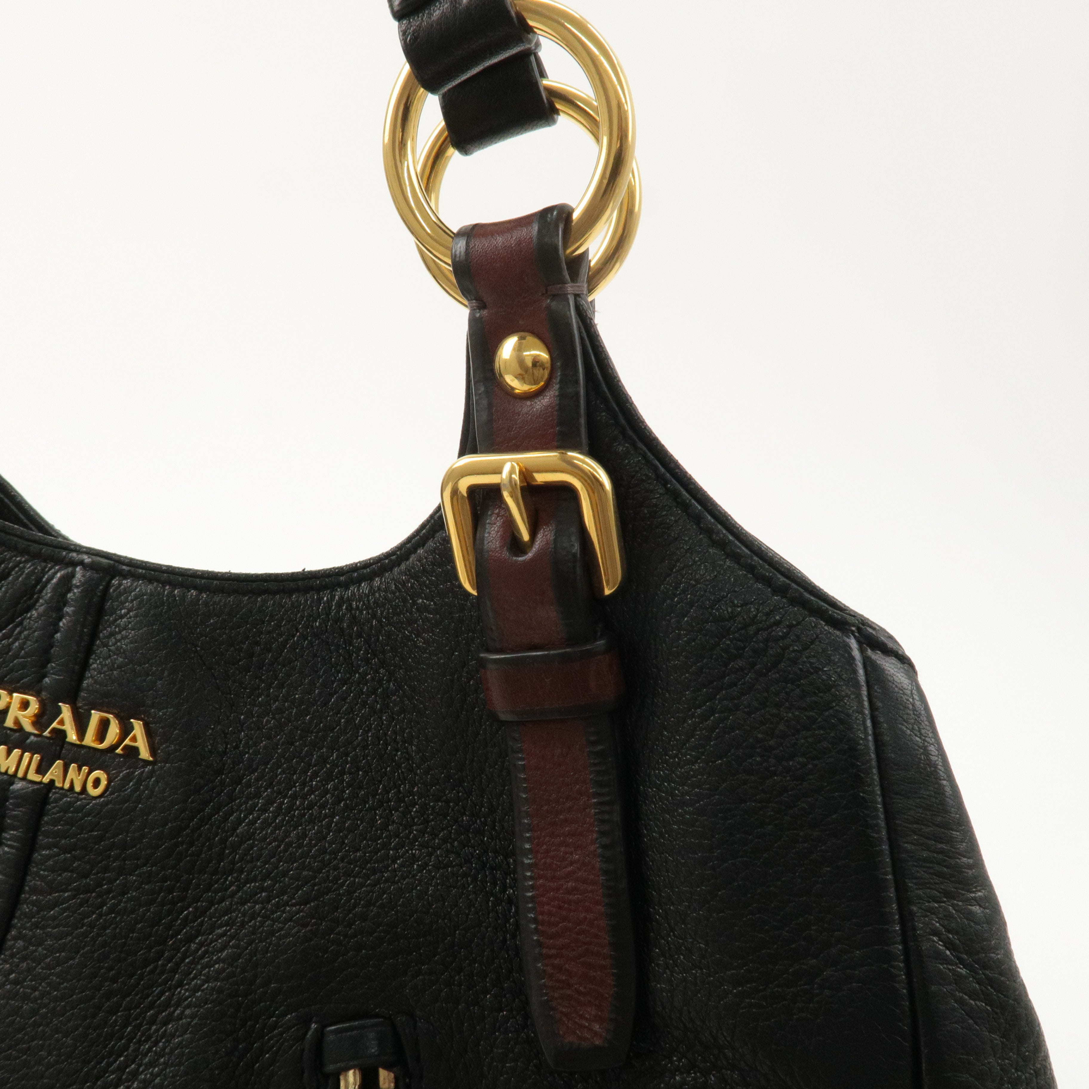 PRADA Leather Tote Bag Shoulder Bag Black Brown