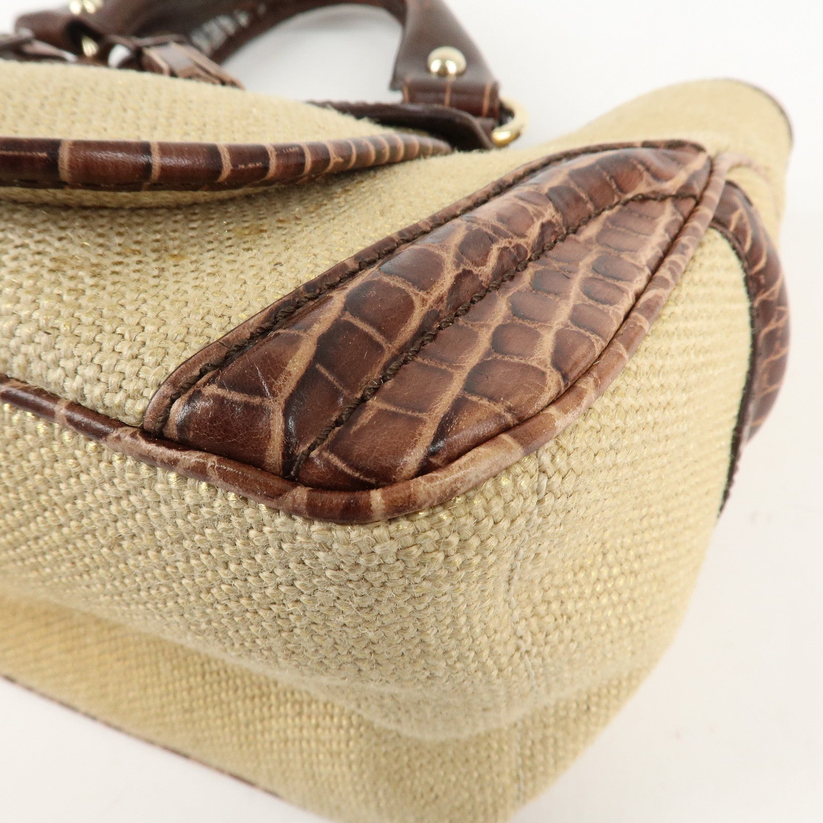 CELINE Straw Leather Boogie Bag Hand Bag Beige Brown Gold HDW Used