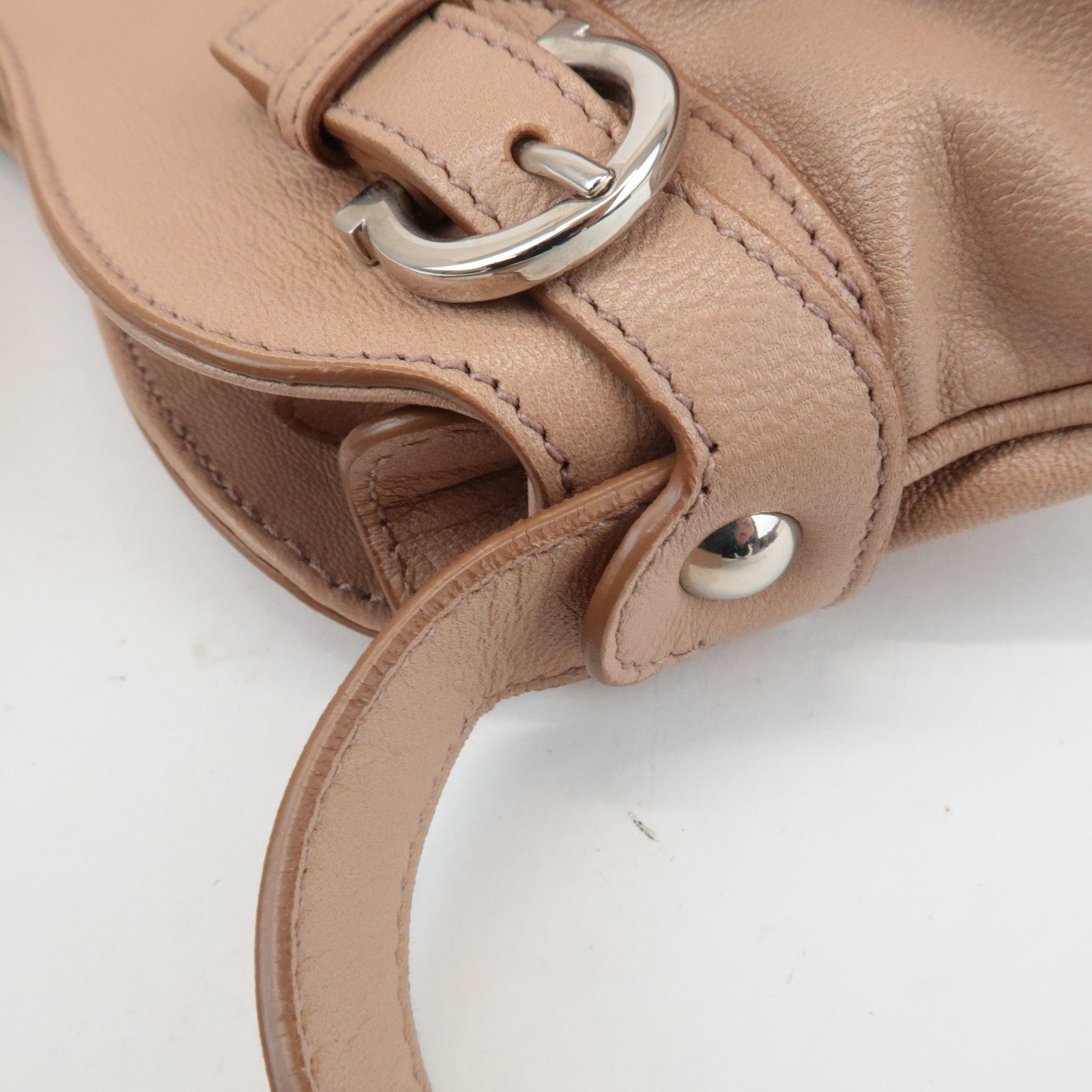 Ferragamo Gancini Leather Shoulder Bag Beige Silver Hardware Used