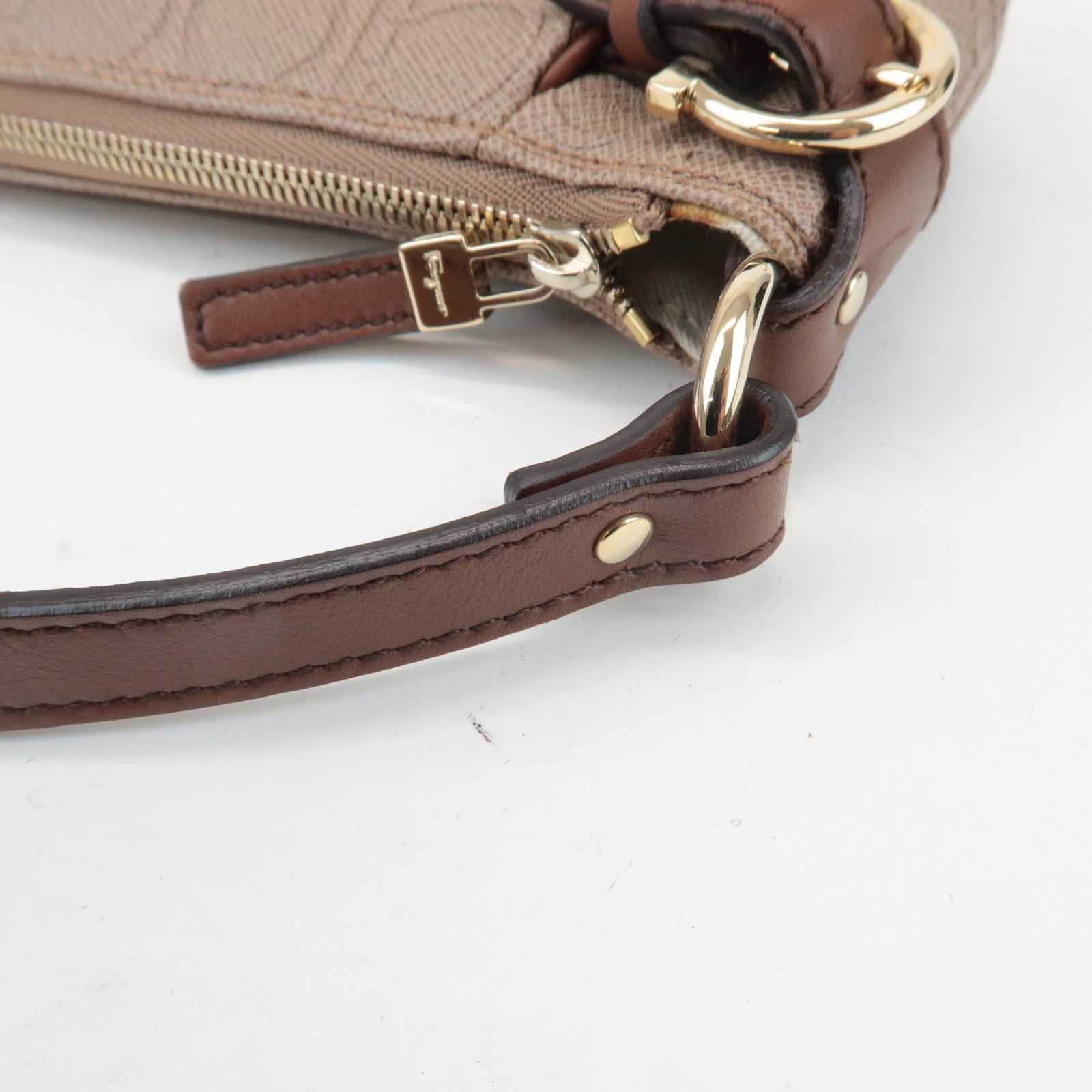 Ferragamo Gancini PVC Leather Shoulder Bag Pink Beige Brown Used