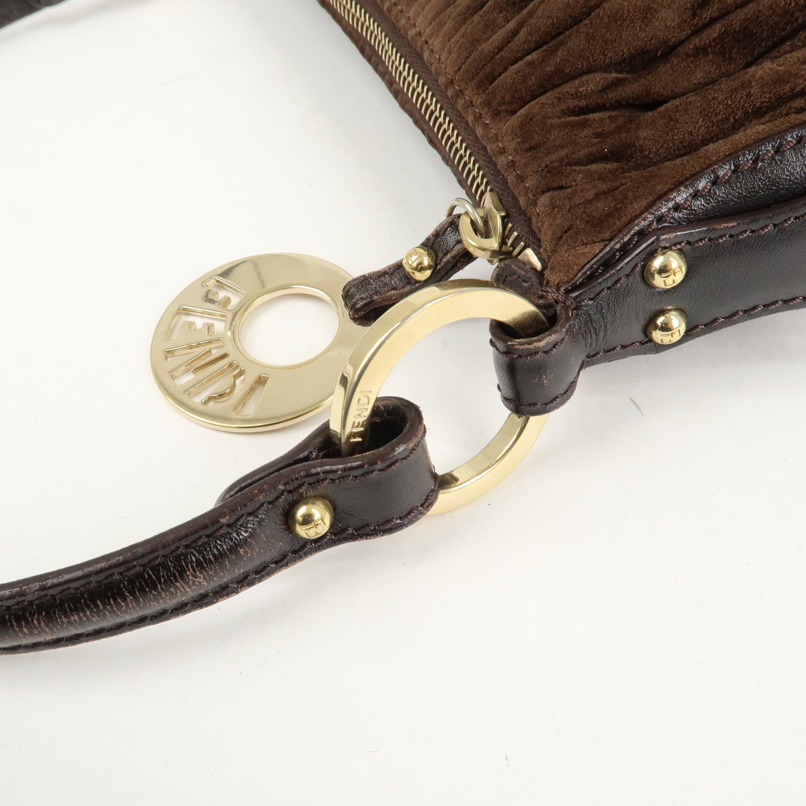FENDI Suede Leather Gathered Shoulder Bag Dark Brown 8BR454 Used