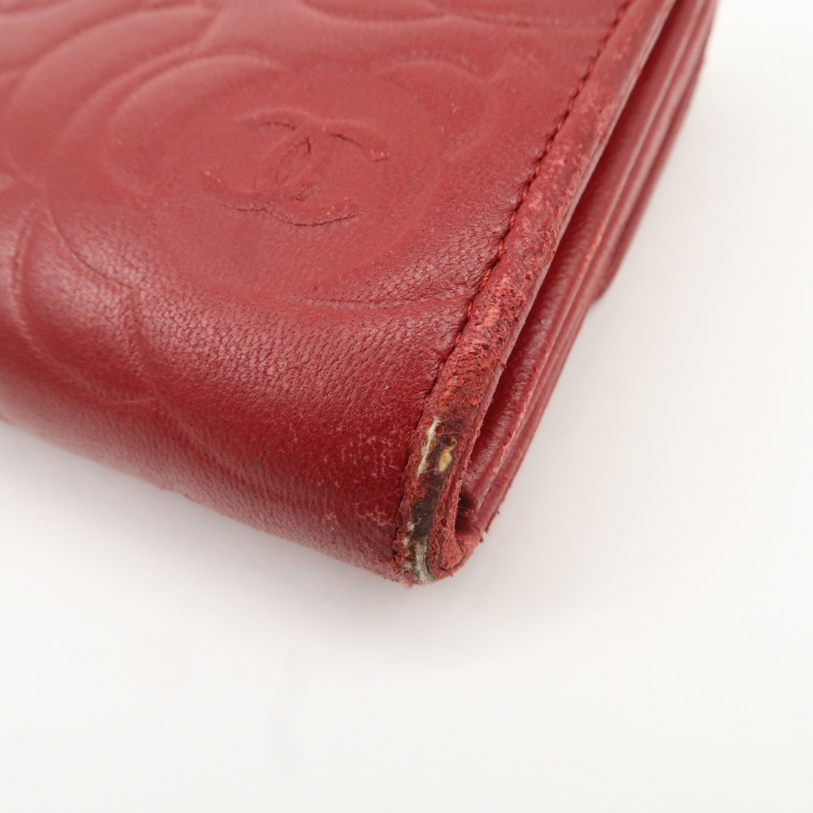 CHANEL Camelia Lamb Skin Bi-fold Long Wallet Red Used