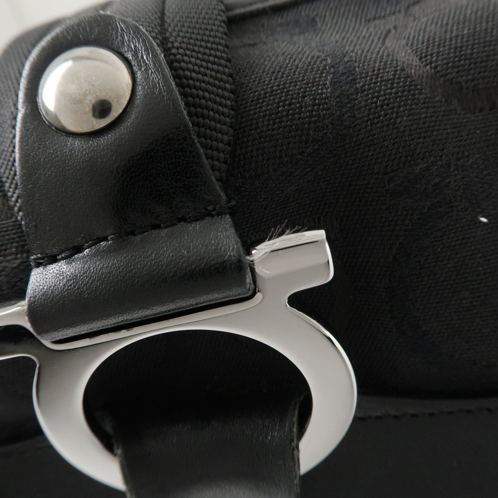 Ferragamo Gancini Pattern Canvas Leather Boston Bag Black Used