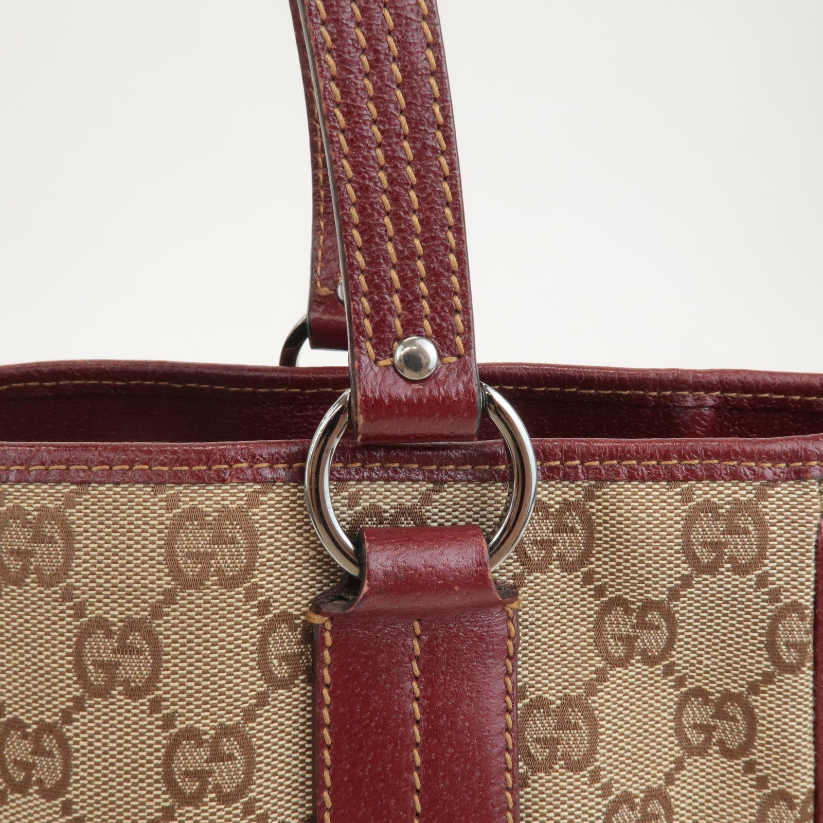 GUCCI GG Canvas Leather Tote Bag Hand Bag Beige Bordeaux 113019