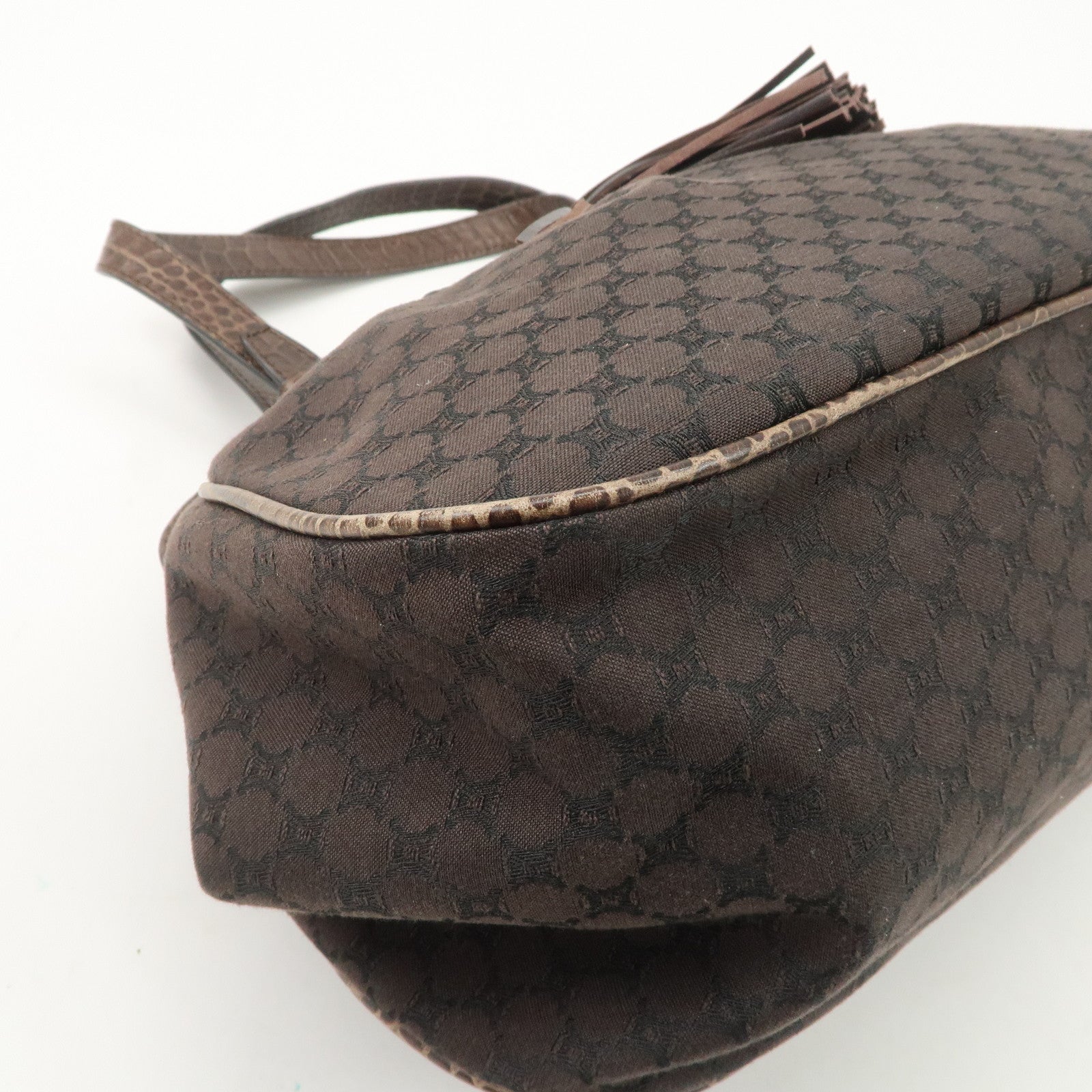 CELINE Macadam Canvas Leather Shoulder Bag Fringe Brown Used