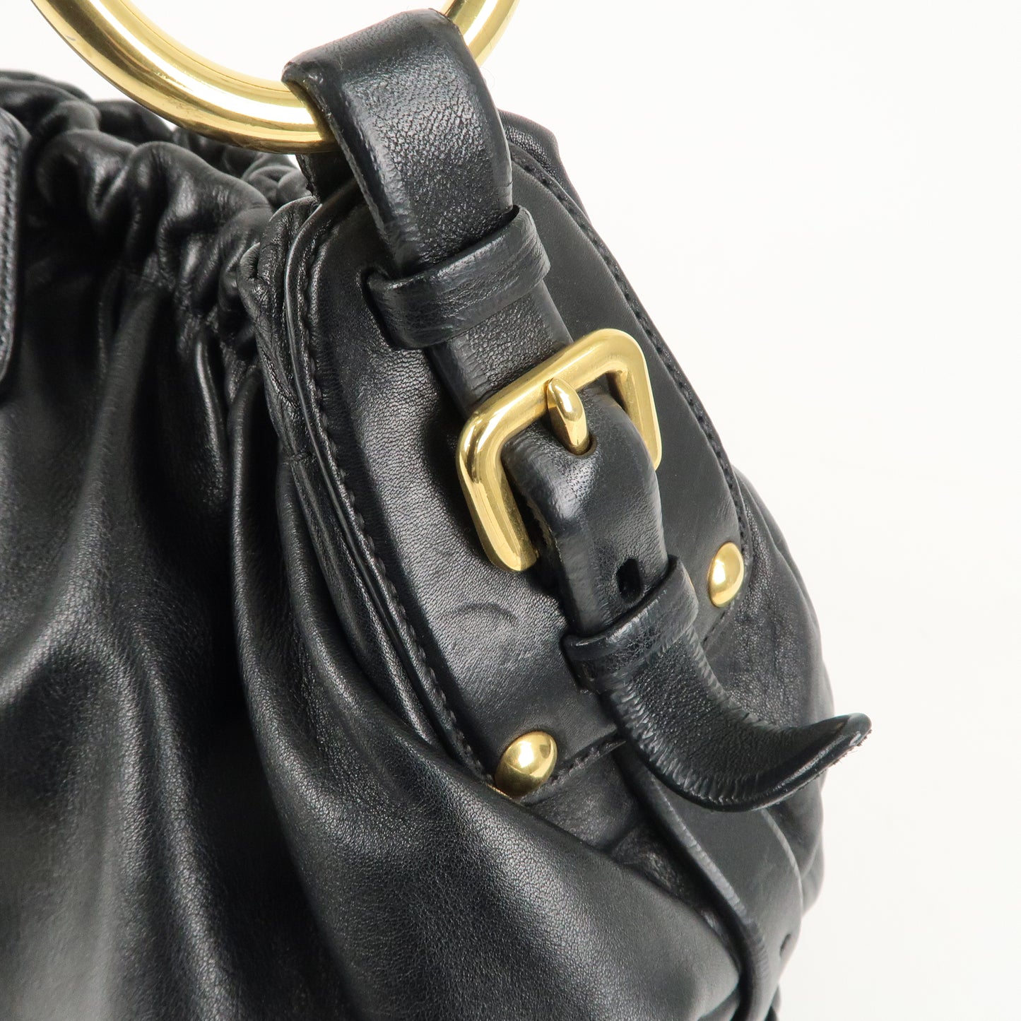 PRADA Logo Leather Shoulder Hand Bag Black Gold Hardware