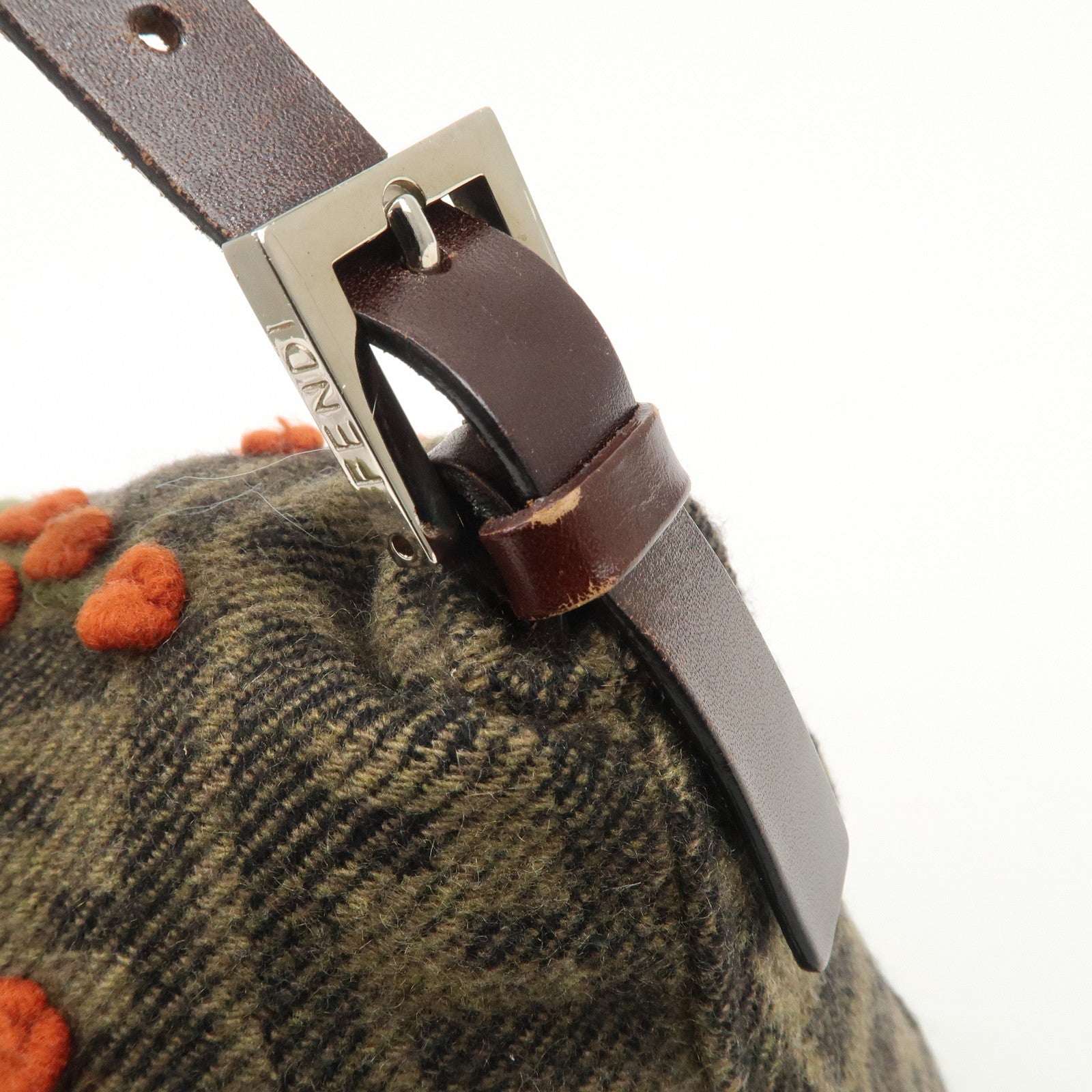 FENDI Mamma Baguette Wool Leather Shoulder Bag Tree Motif Khaki Used