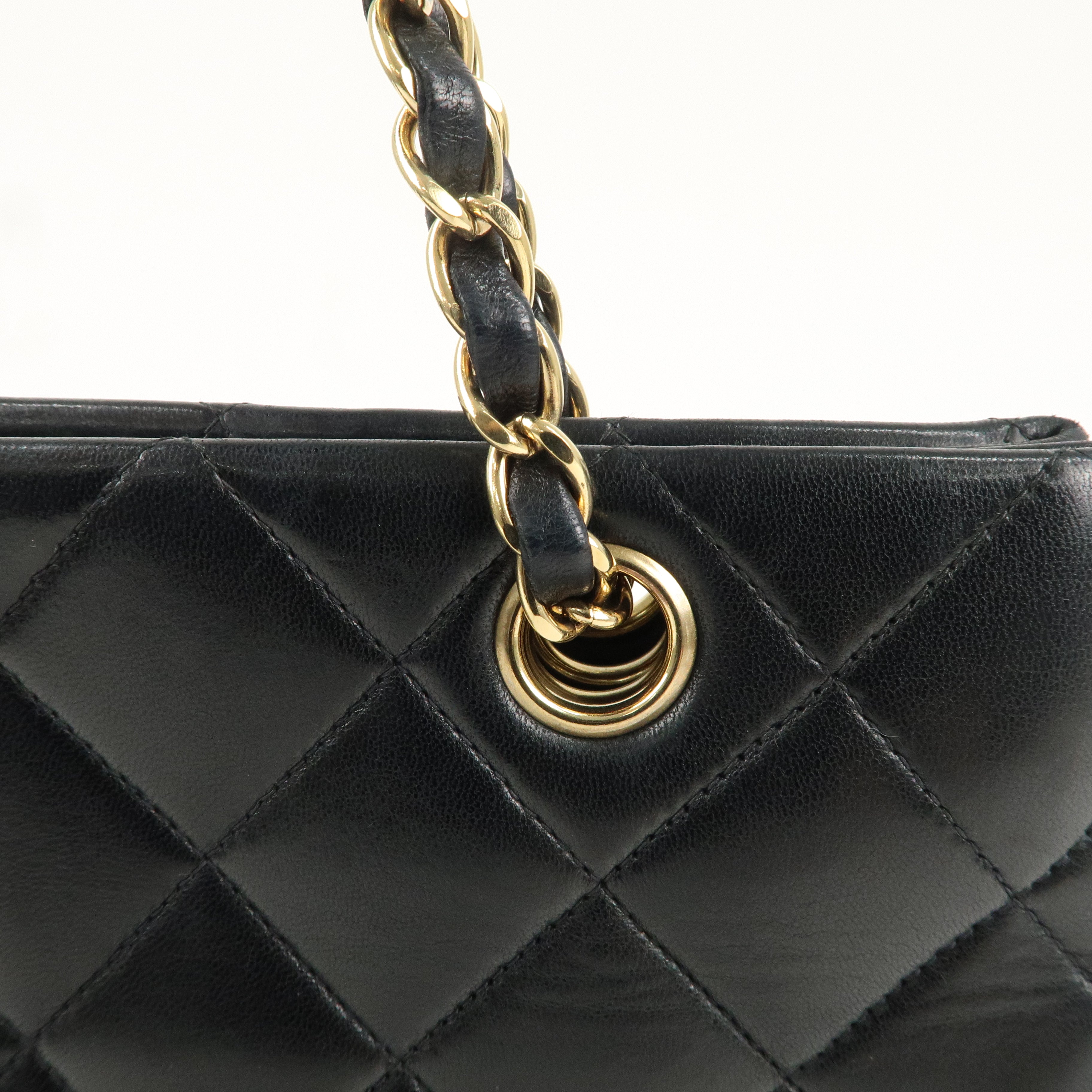 CHANEL Matelasse Lamb Skin Chain Tote Bag Hand Bag Black Gold