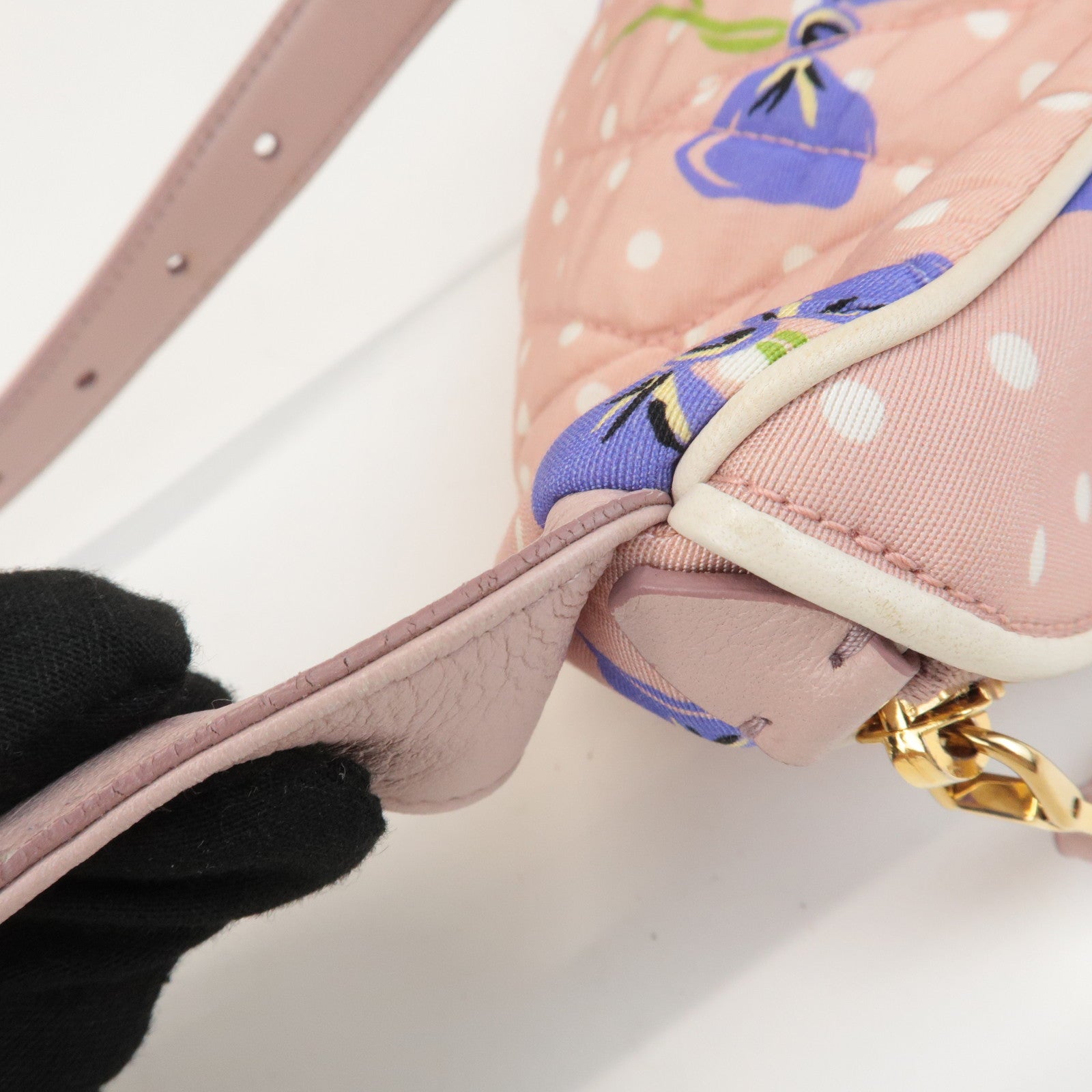 MIU MIU Matelasse Nylon Leather Flower Dots Body Bag Pink