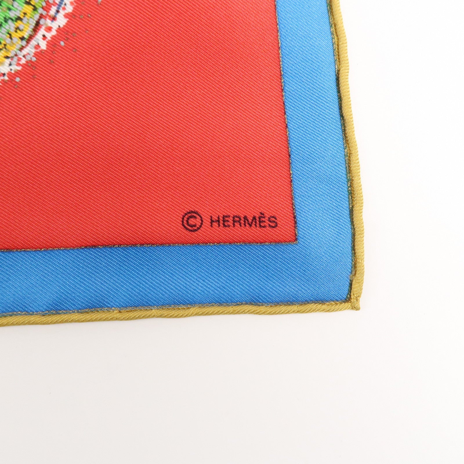 HERMES Carre 90 Silk 100% Scarf LES FEUX DE LESPACE Red Gold Blue