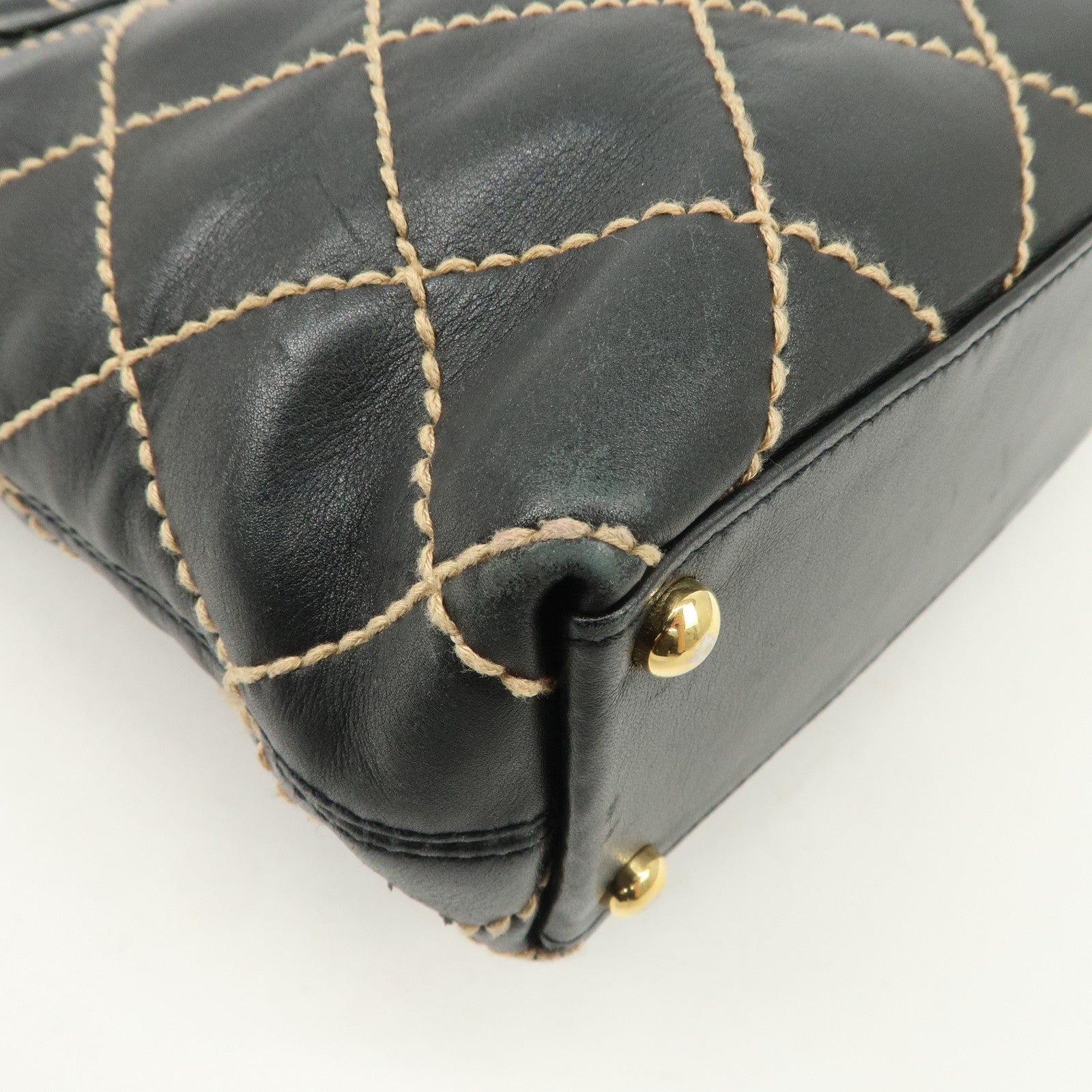 CHANEL Wild Stitch Lamb Skin Tote Bag Hand Bag Black A18126 Used