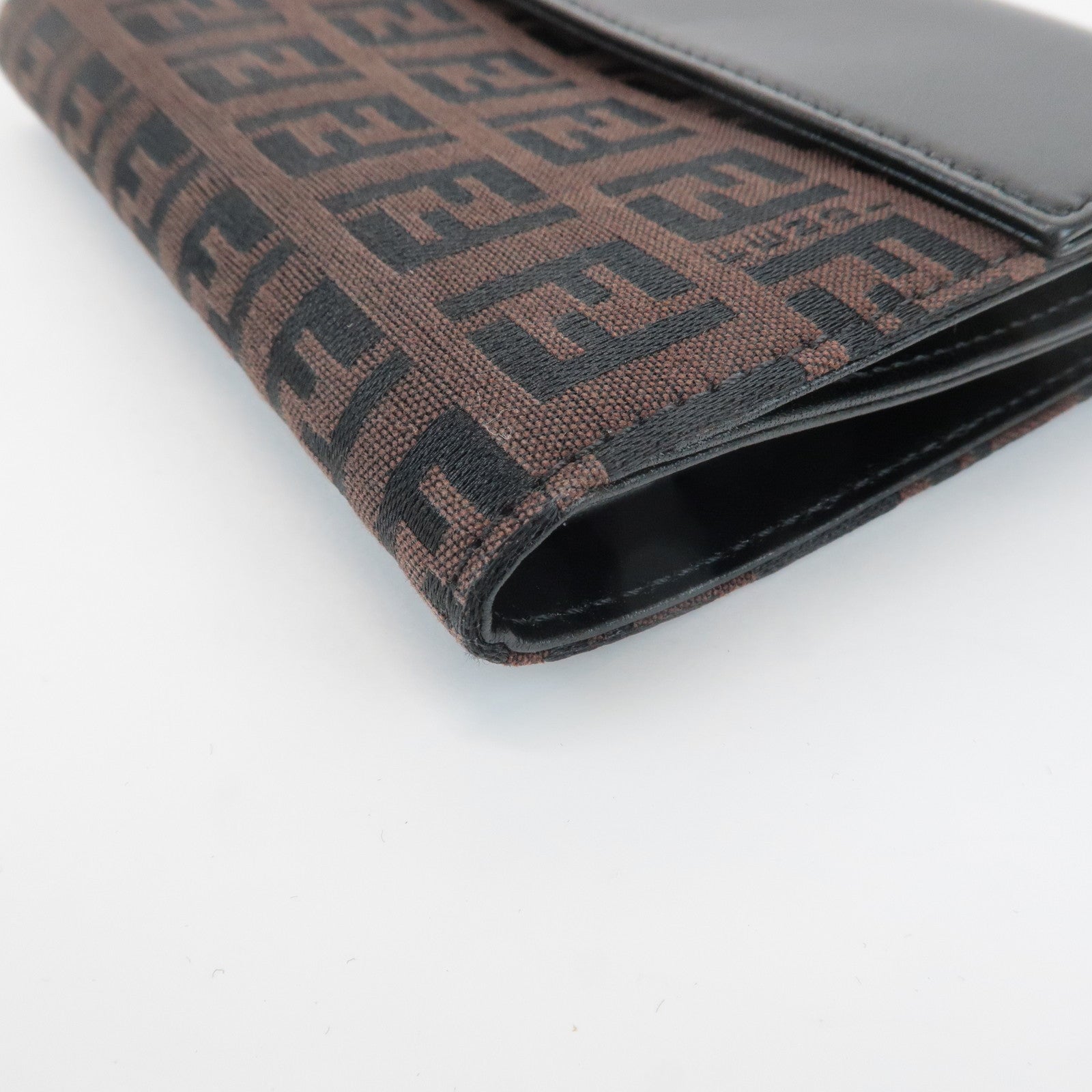 FENDI Zucca Canvas Leather Double Hook Wallet Brown Black 8M0035 Used
