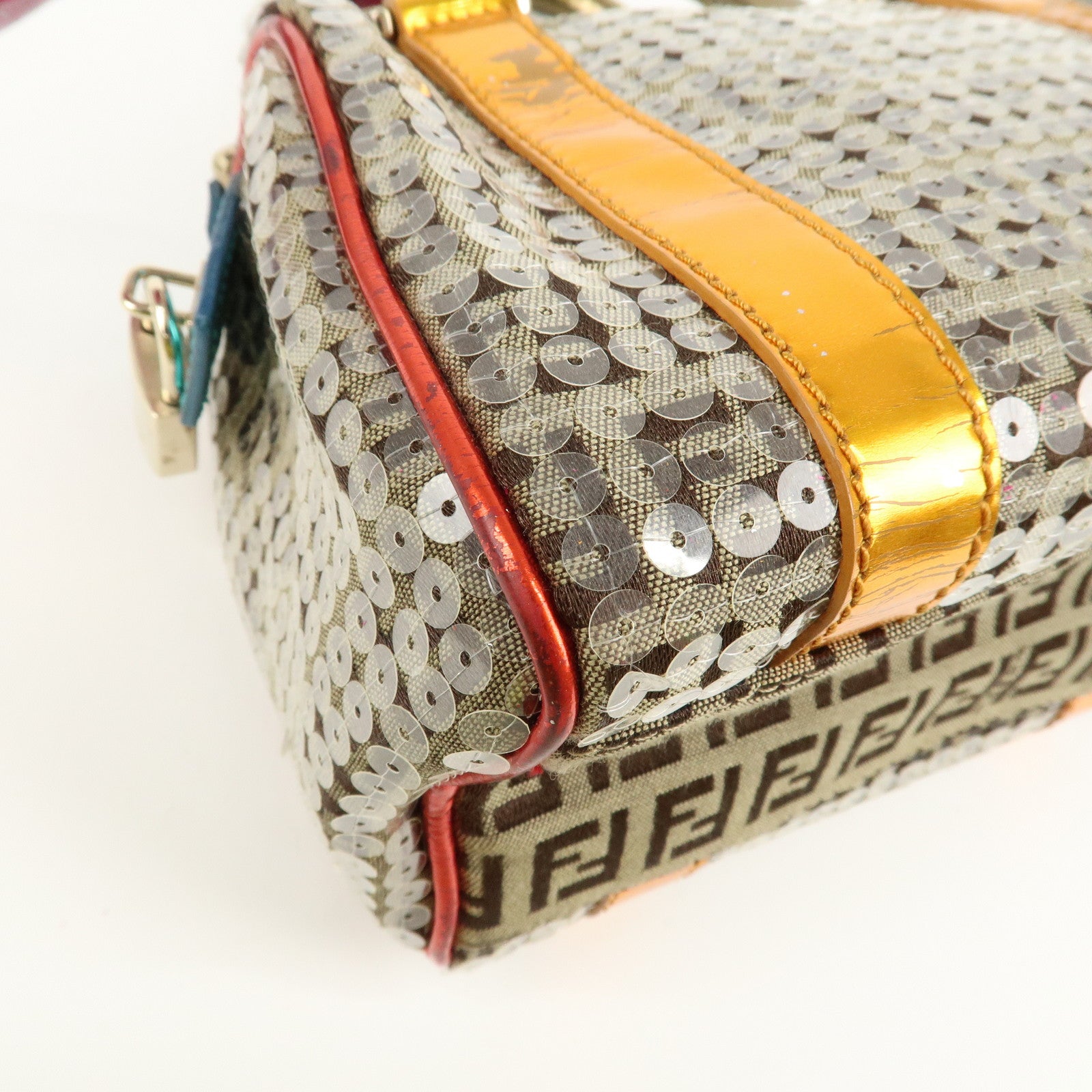 FENDI Zucchino Flip Sequin Canvas Patent Leather Boston Bag 8BL071 Used