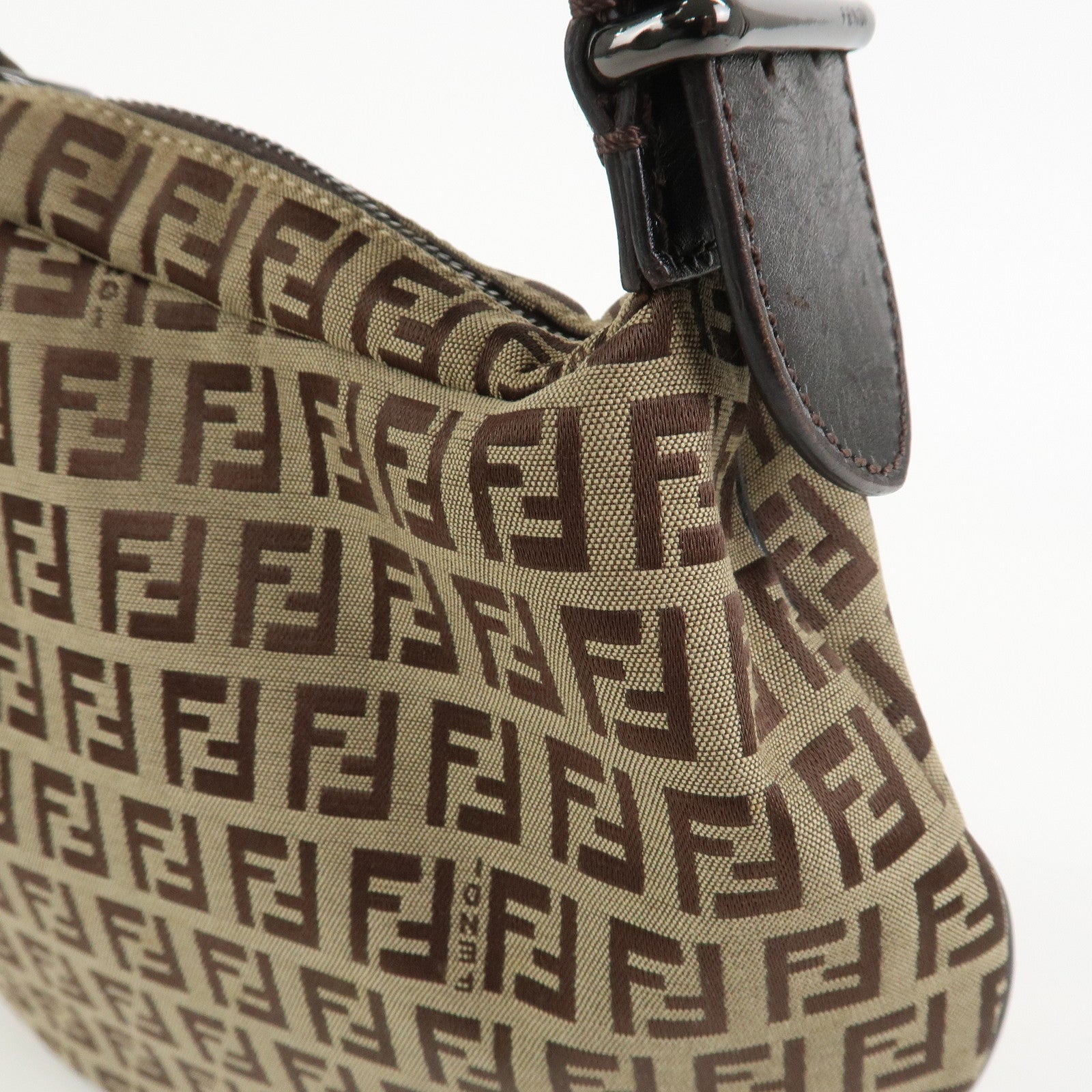 FENDI Zucchino Canvas Leather Shoulder Bag Hand Bag Brown
