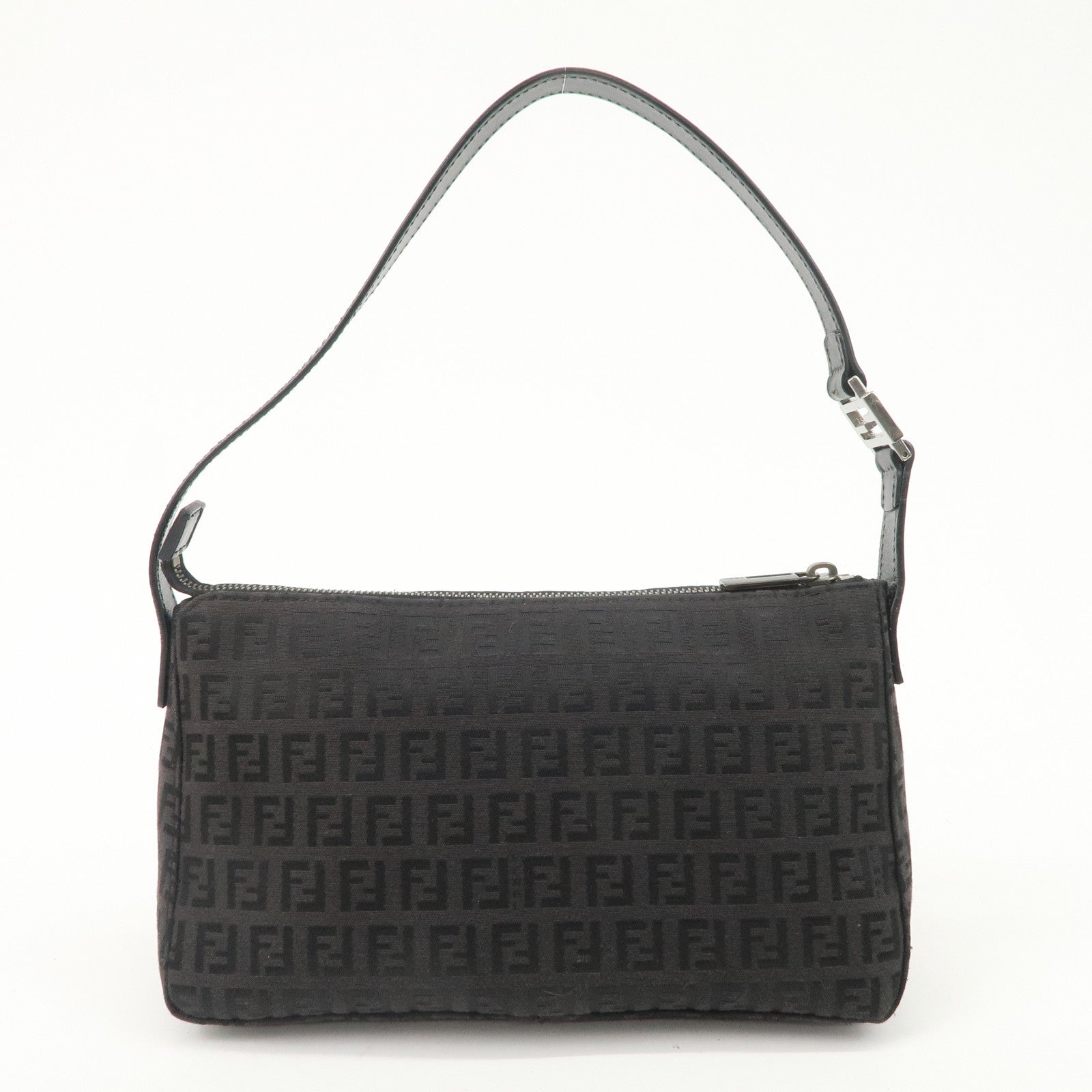 FENDI Zucchino Canvas Leather Shoulder Bag Black Brown 8BR444 Used