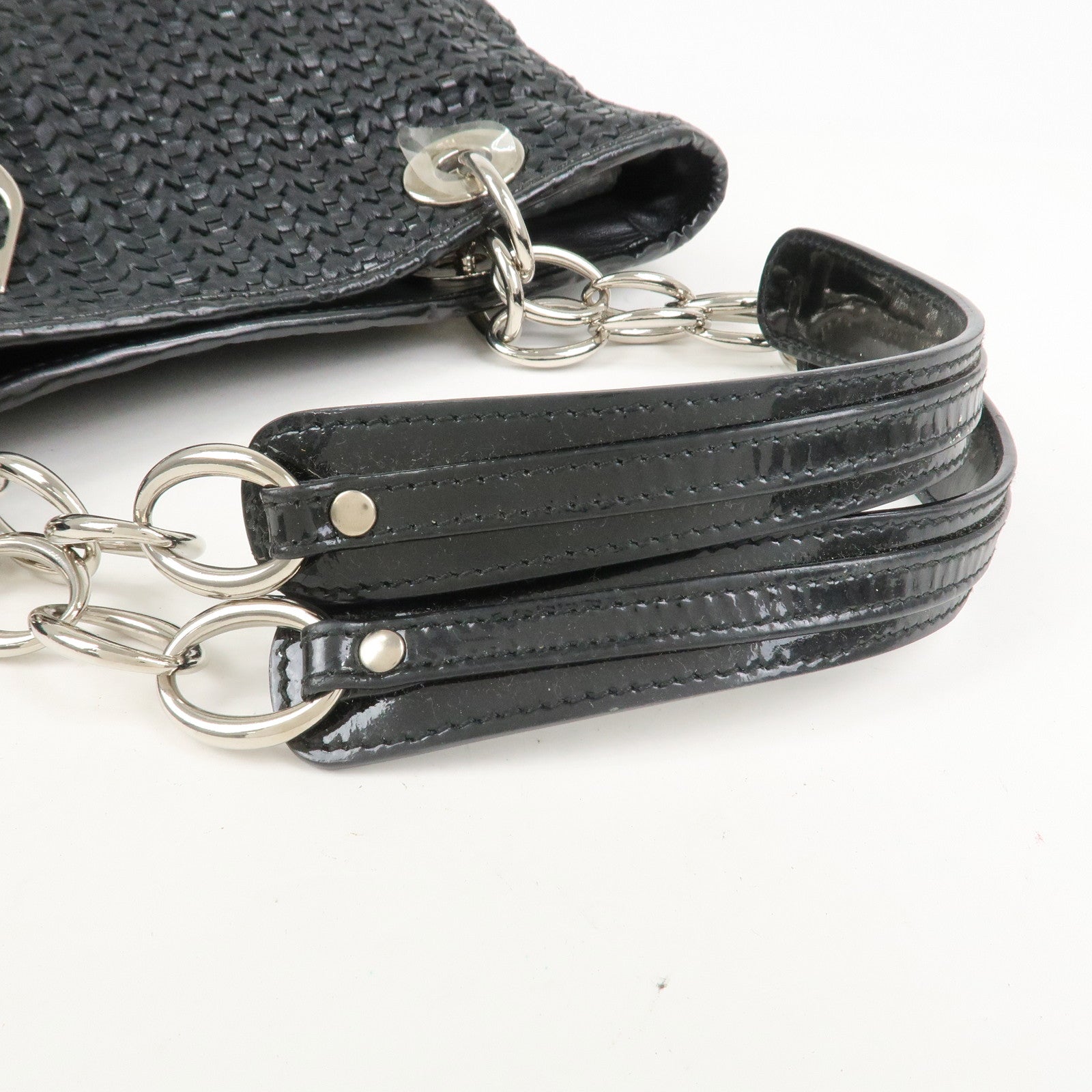 Christian Dior Woven Leather Logo Charm Chain Tote Bag Black