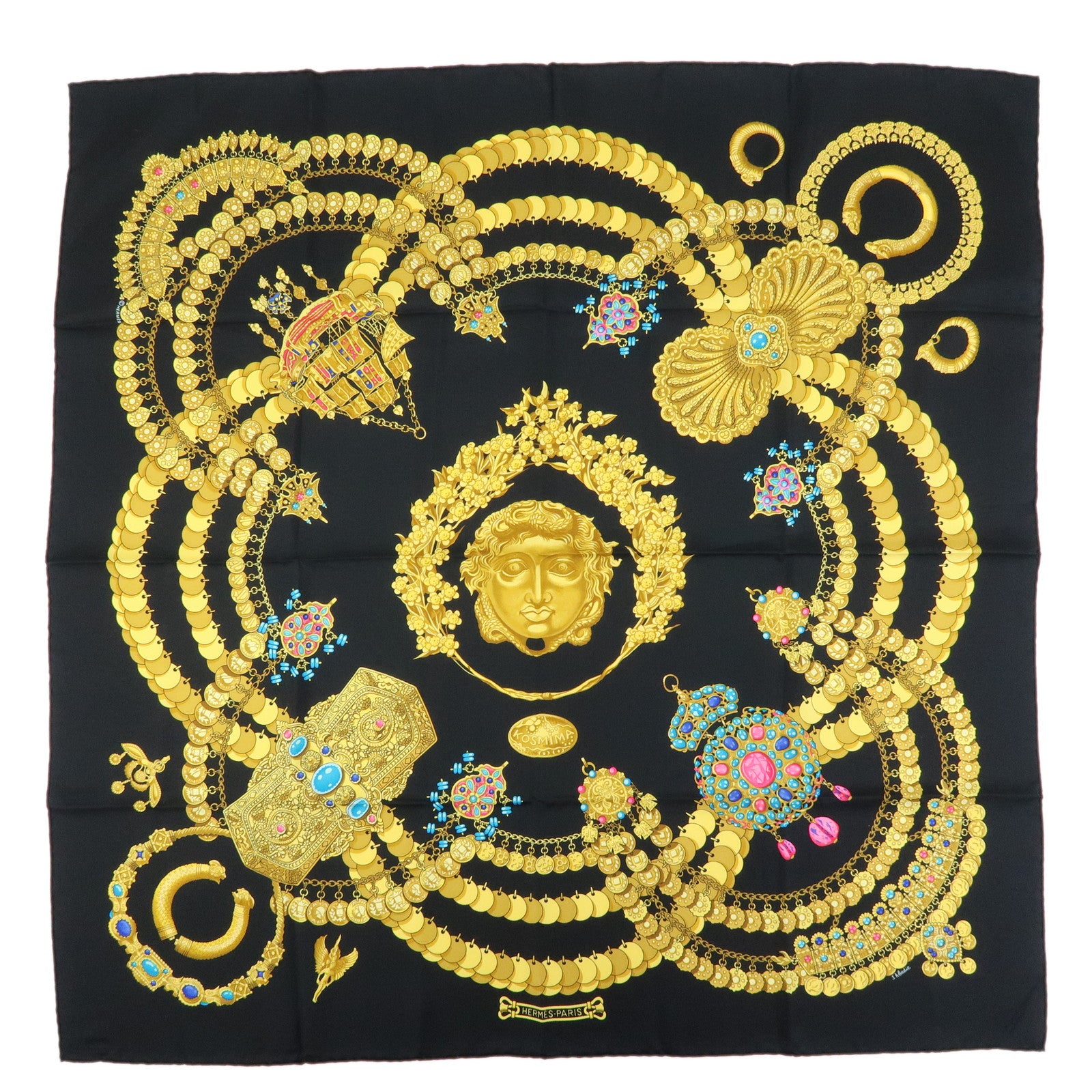 HERMES Carre 90 Silk 100 % Scarf  KOSMIMA Black Yellow