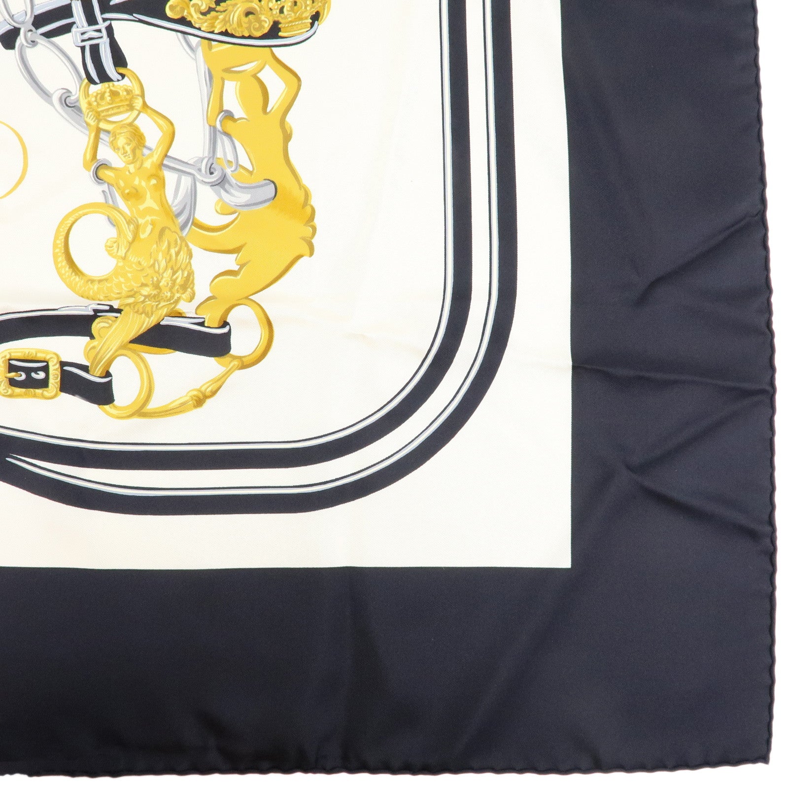 HERMES Carre 90 Silk 100% BRIDES DE GALA Scarf Black White Gold
