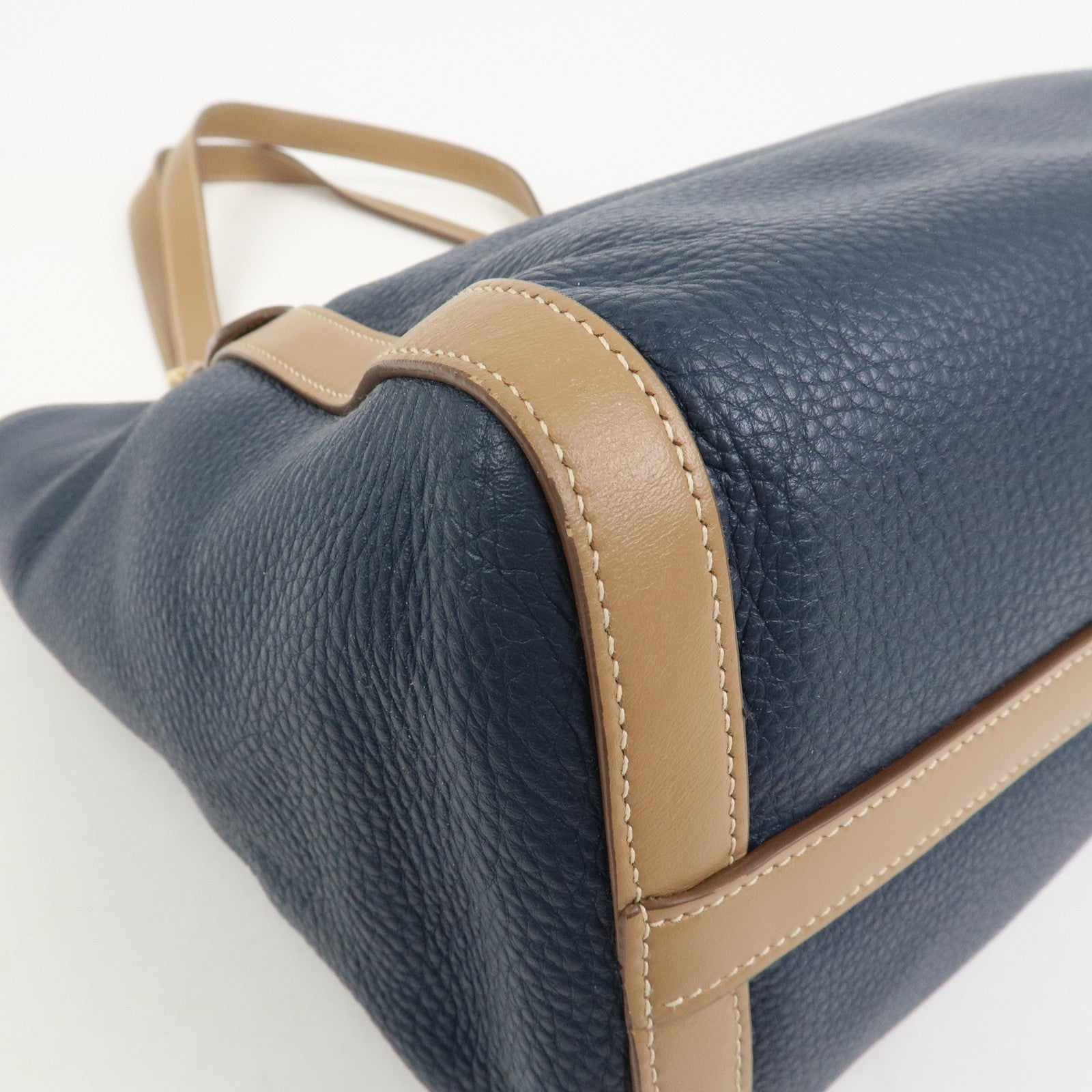 PRADA Logo Leather Tote Bag Shoulder Bag Navy Light Brown 1BG064
