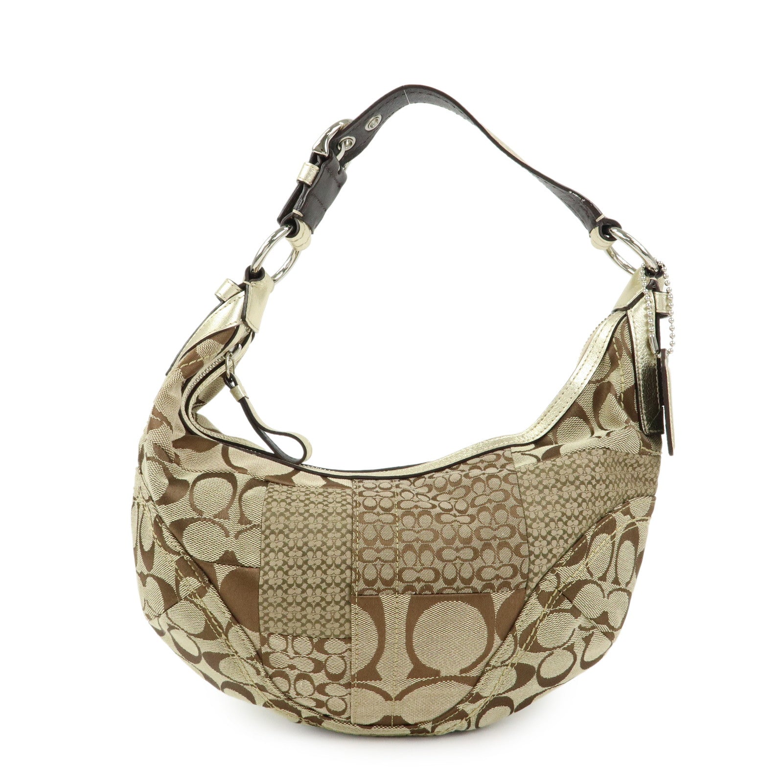 COACH Signature Patchwork Canvas Leather Shoulder Bag Beige Gold