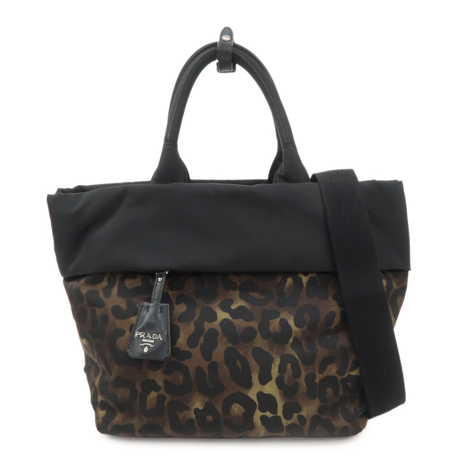 PRADA Logo Nylon 2Way Hand Tote Shoulder Bag Leopard Black B1959V