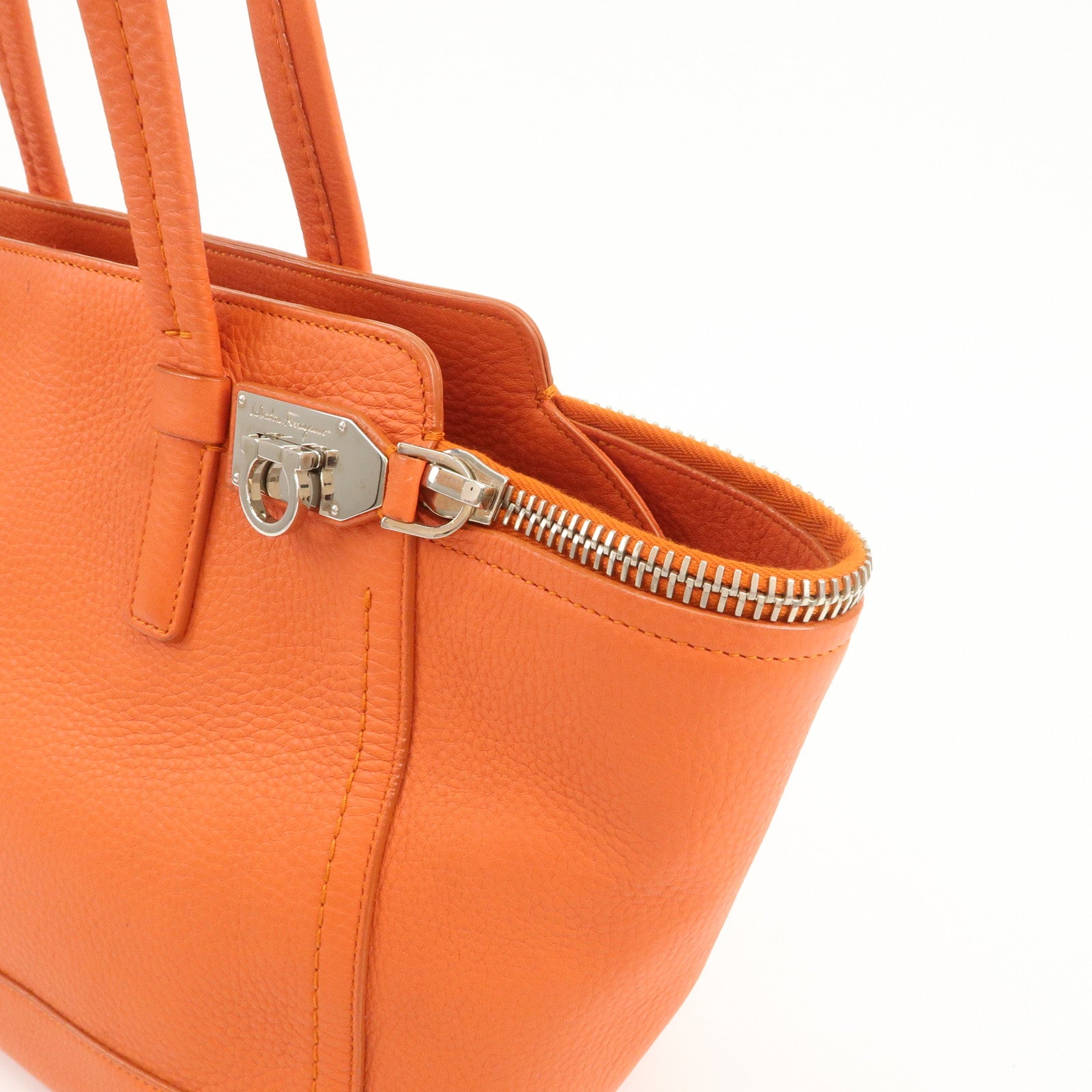 Ferragamo Gancini Leather Tote Bag Hand Bag SHouder Bag Orange