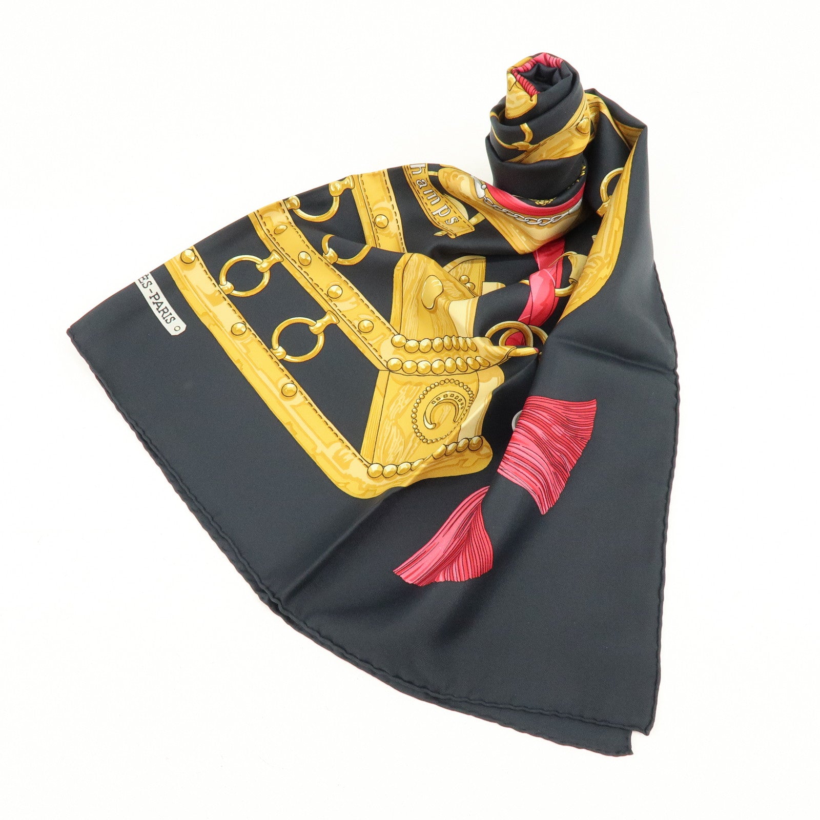 HERMES Carre 90 Silk 100% aux champs Scarf Black Yellow Red