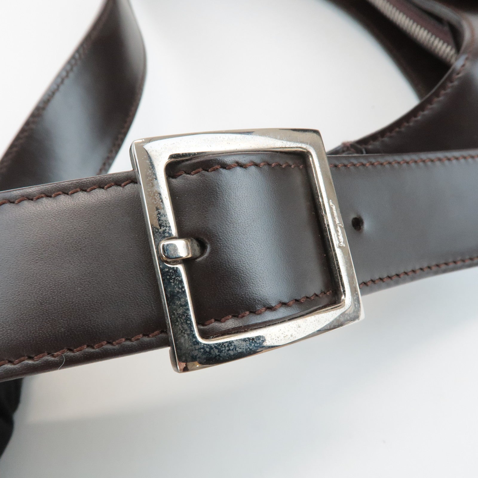 Ferragamo Gancini Leather Shoulder Bag Hand Bag Dark Brown Used