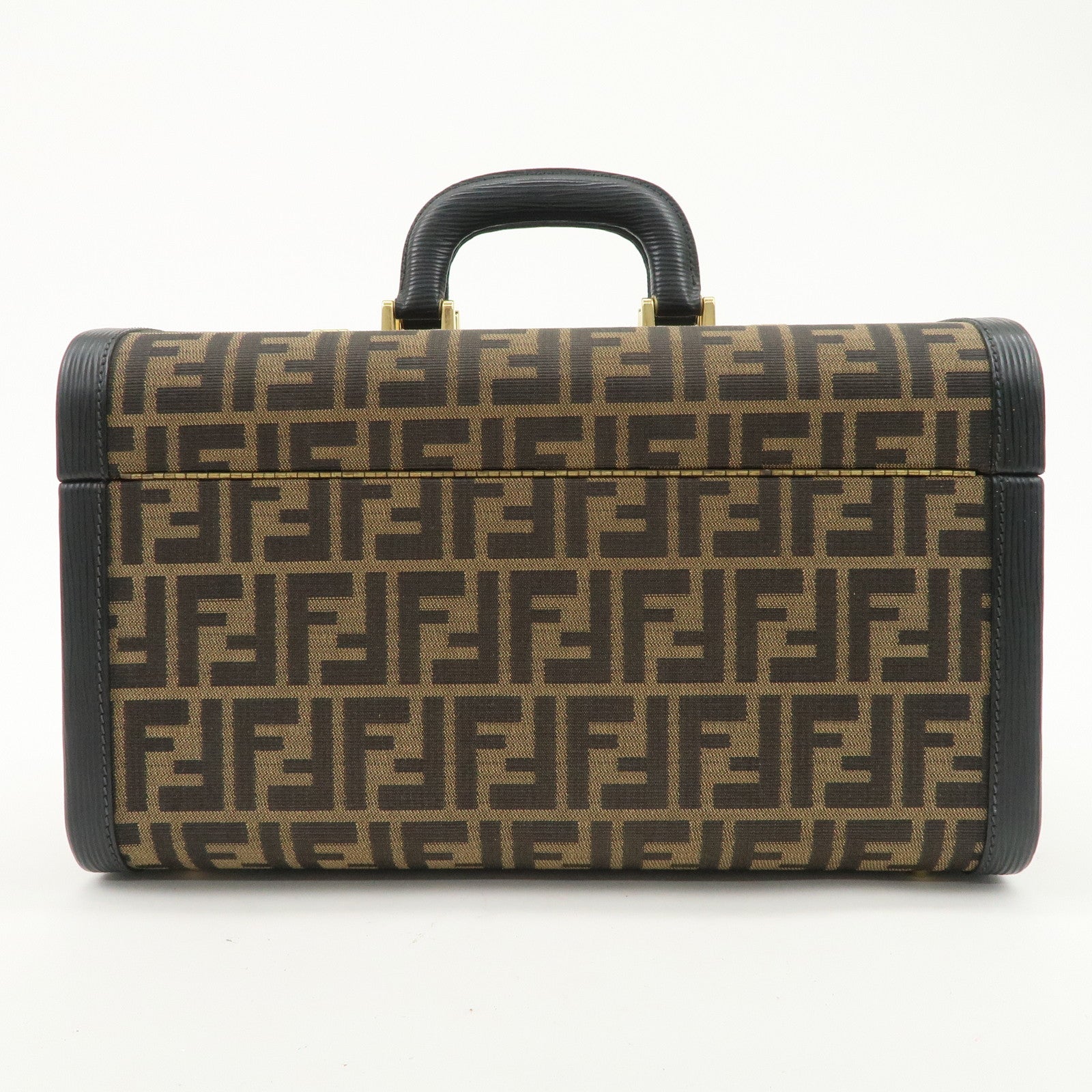 FENDI Zucca Canvas Leather Vanity Bag Makeup Box Brown Black