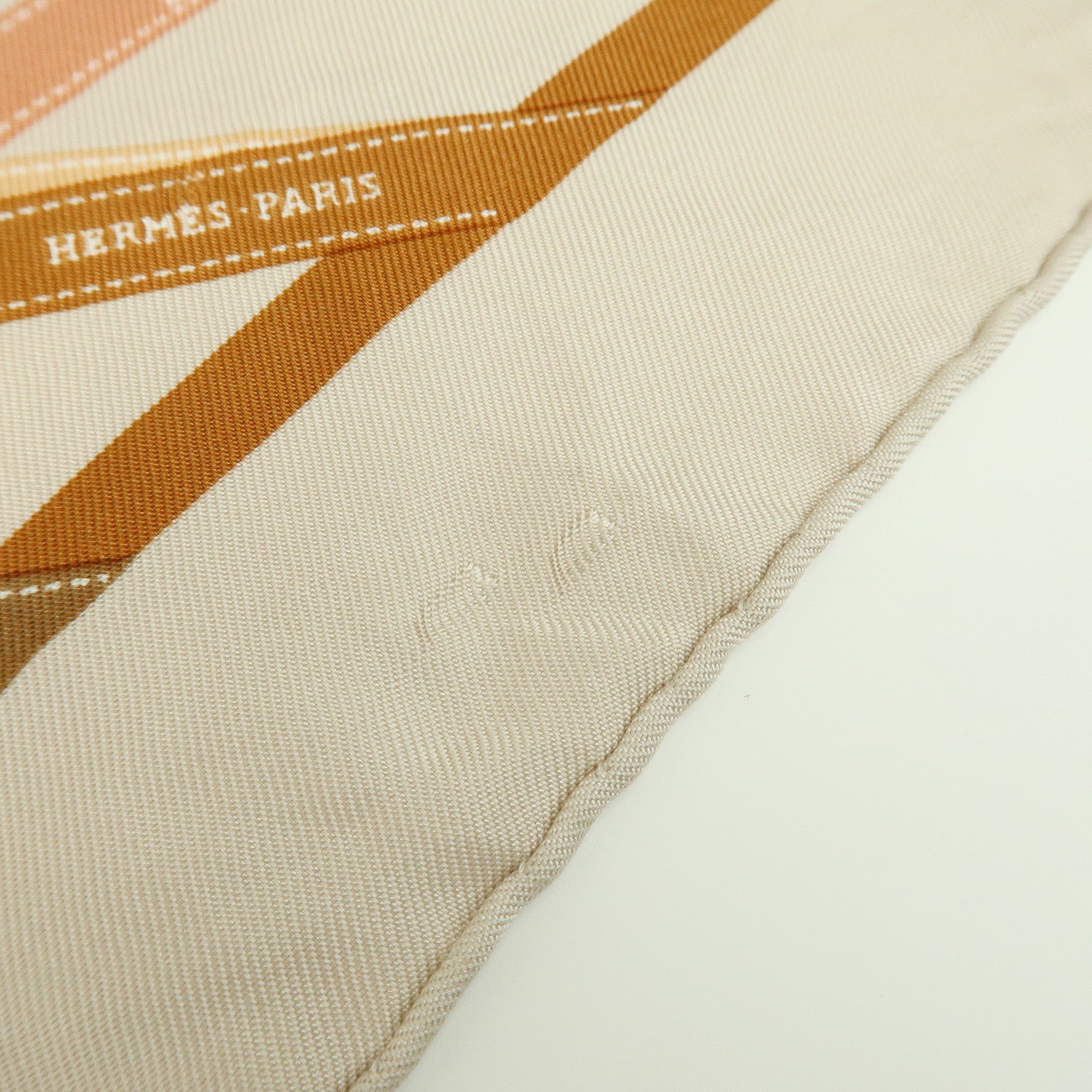 HERMES Pointu Set of 2 Silk 100% Scarf Ribbon Print Orange Beige