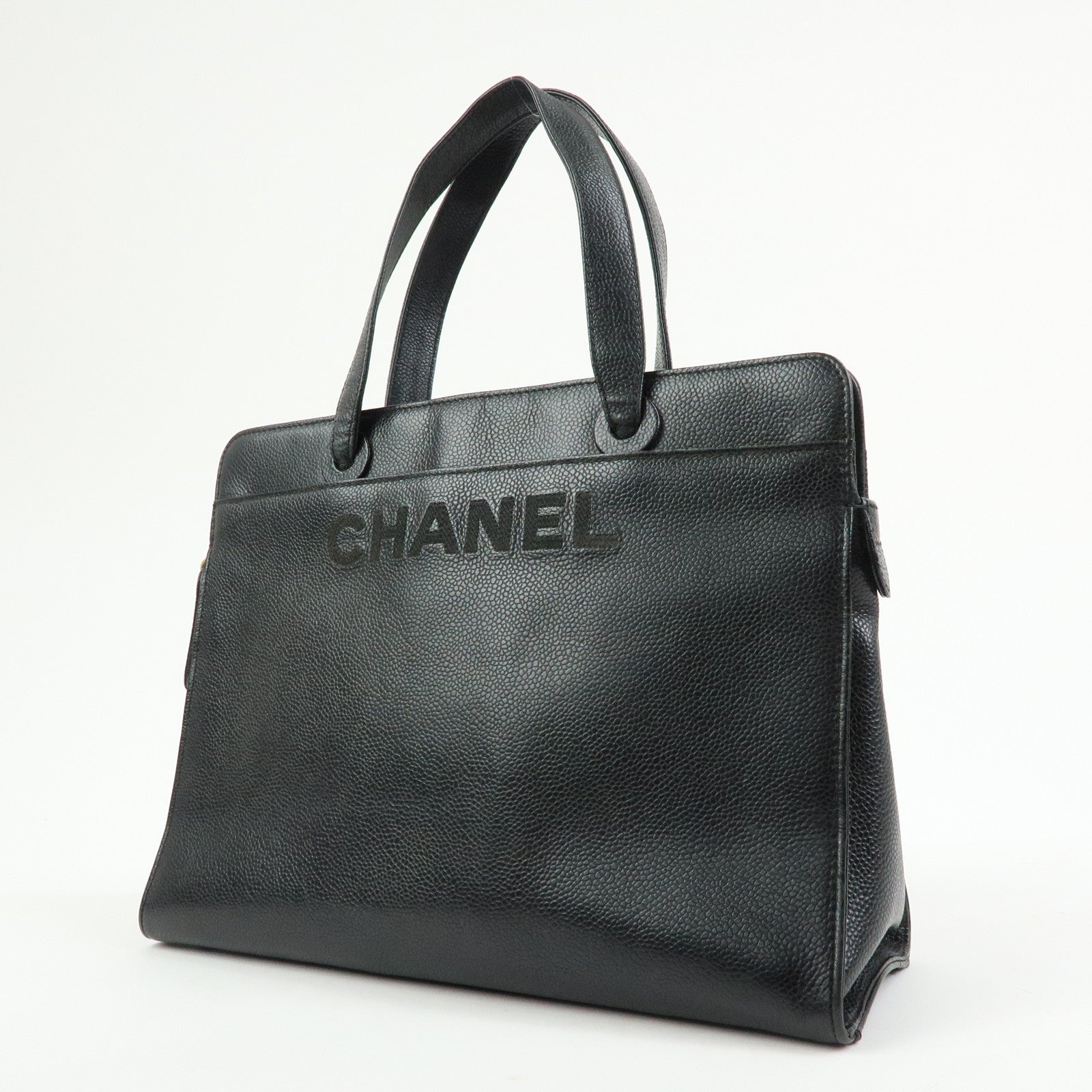 CHANEL Logo Caviarskin Tote Bag Hand Bag Black