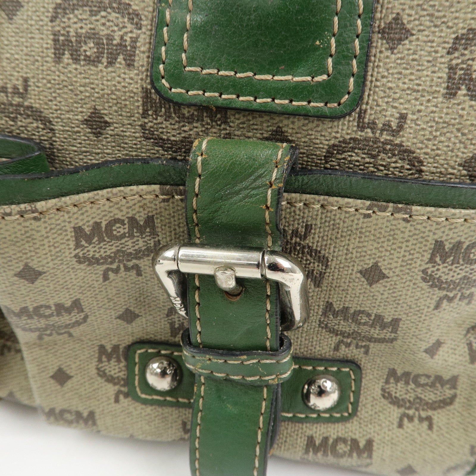 MCM Visetos PVC Coating Canvas Leather Boston Bag Beige Green