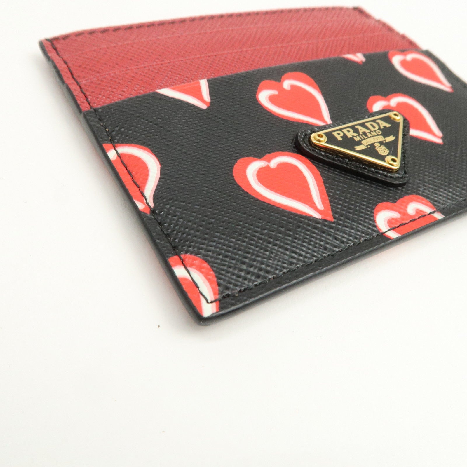 PRADA Triangle Logo Saffiano Leather Card Case Black Red 1MC025