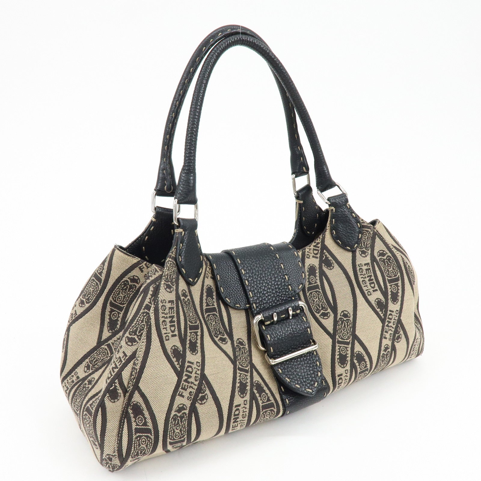 FENDI Selleria Canvas Leather Hand Bag Shoulder Bag Beige 8BR457