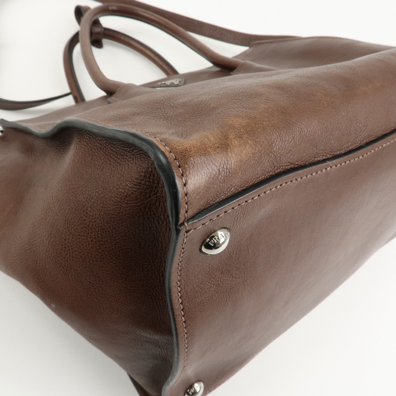 PRADA Triangle Logo Leather 2way Hand Bag Shoulder Bag Brown BN2619 Used