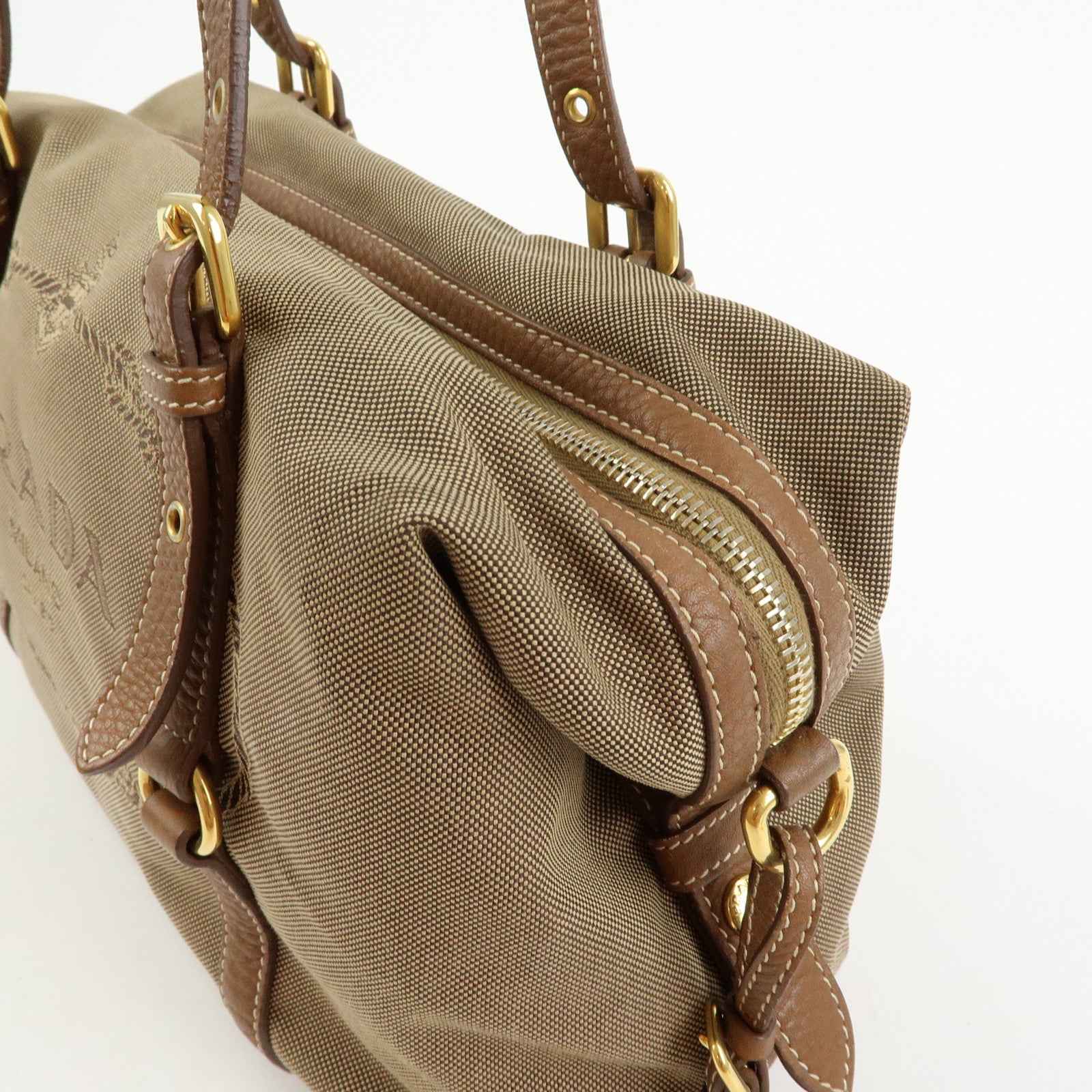 PRADA Logo Canvas Leather Boston Bag Hand Bag Beige Brown BL0600