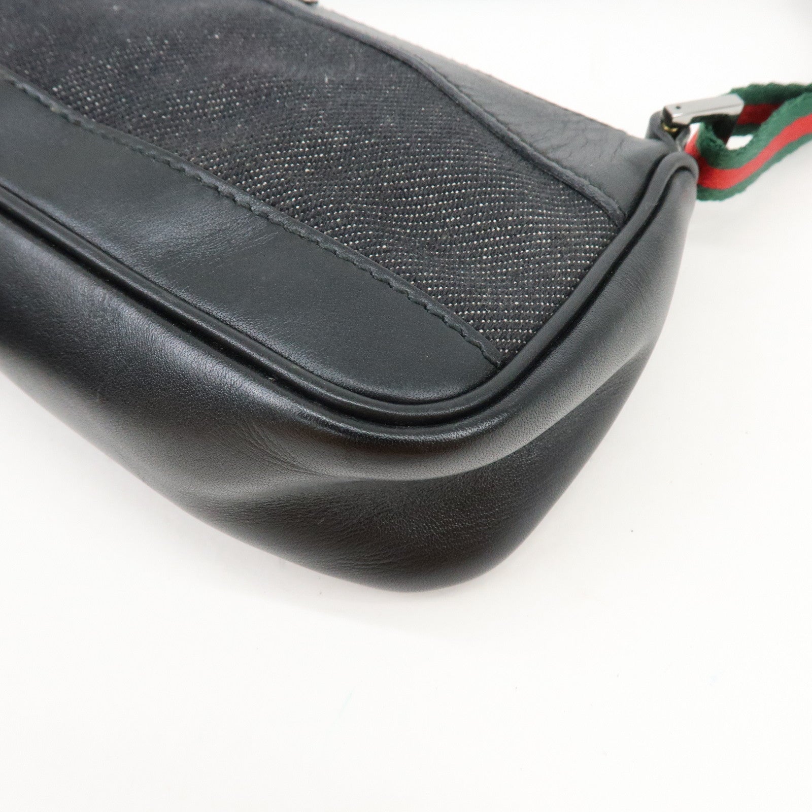 GUCCI Sherry Leather Denim Accessory Pouch Hand Bag Black 92820