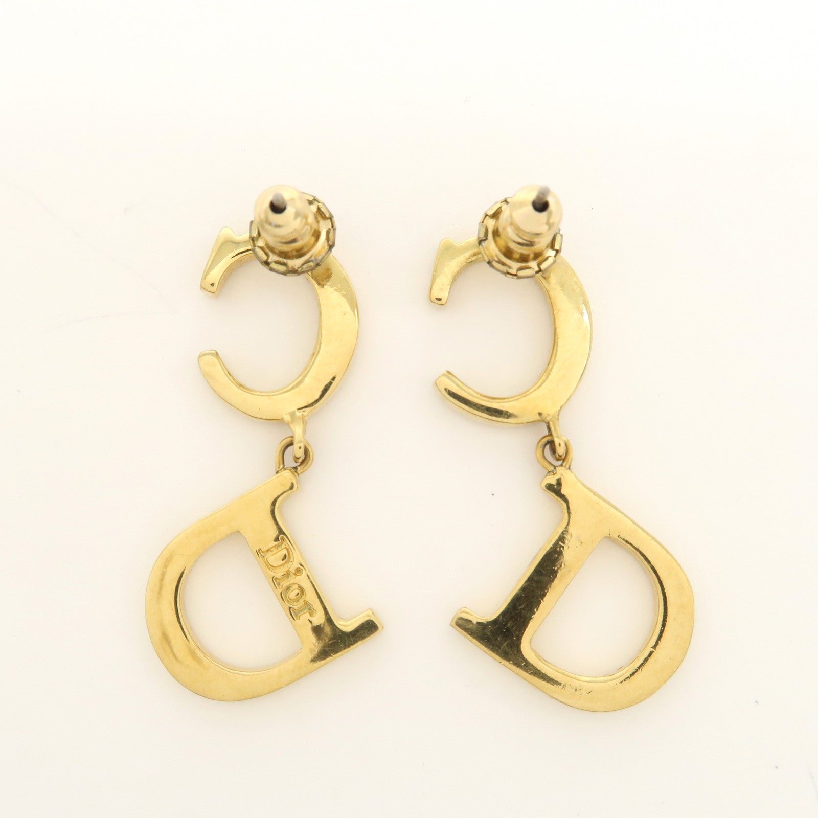 Christian Dior Gold-Tone Logo Metal Rhinestone Earrings