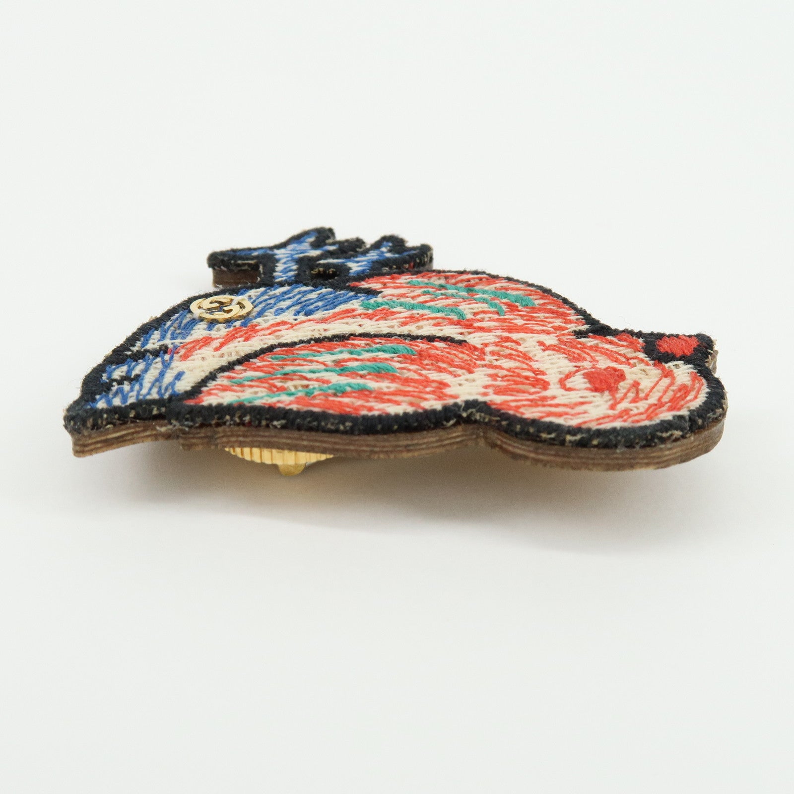 GUCCI Interlocking G Bird Motif Wood Brooch Breast Pin Red Blue