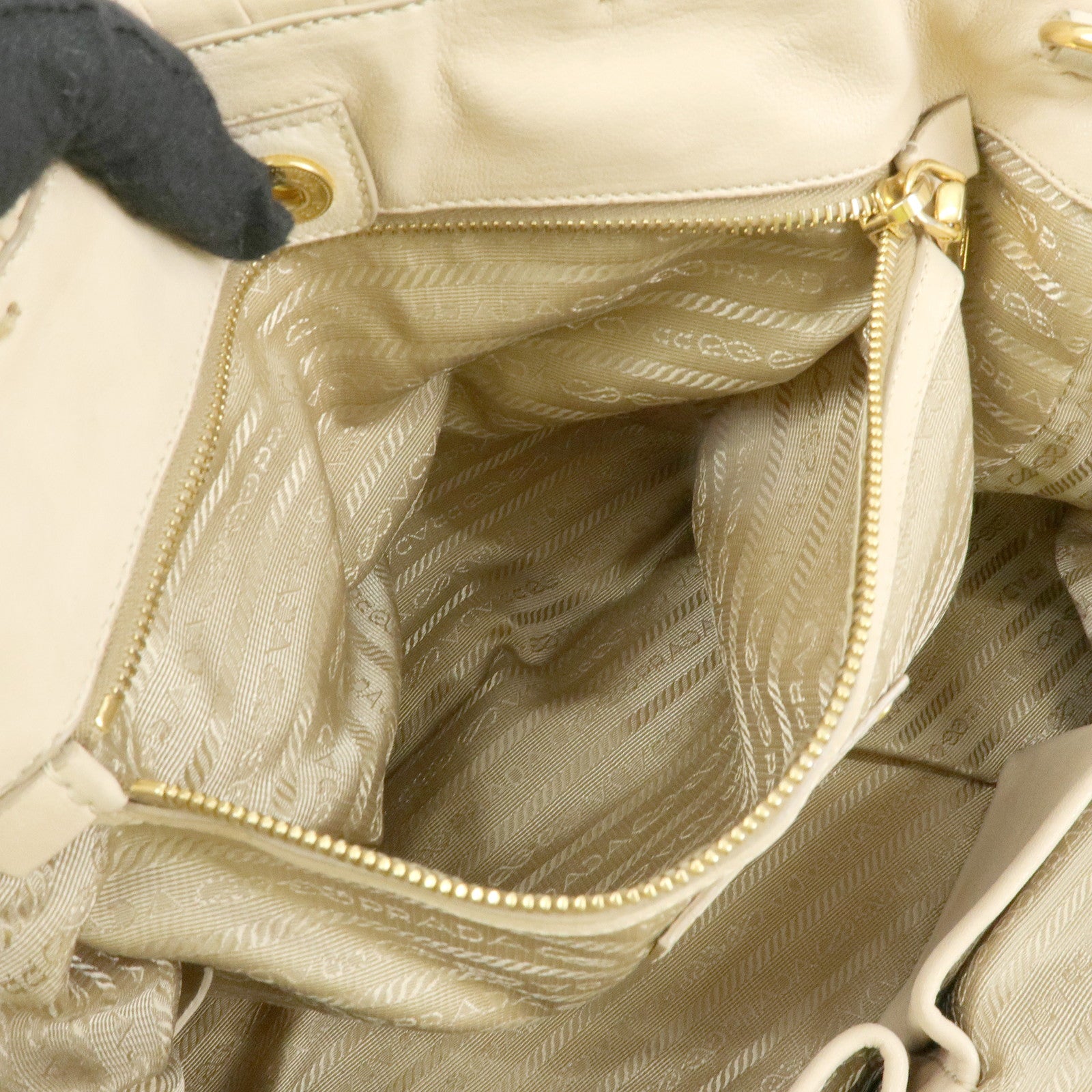PRADA Logo Gathered Leather 2Way Hand Bag Shoulder Bag Beige BN1924