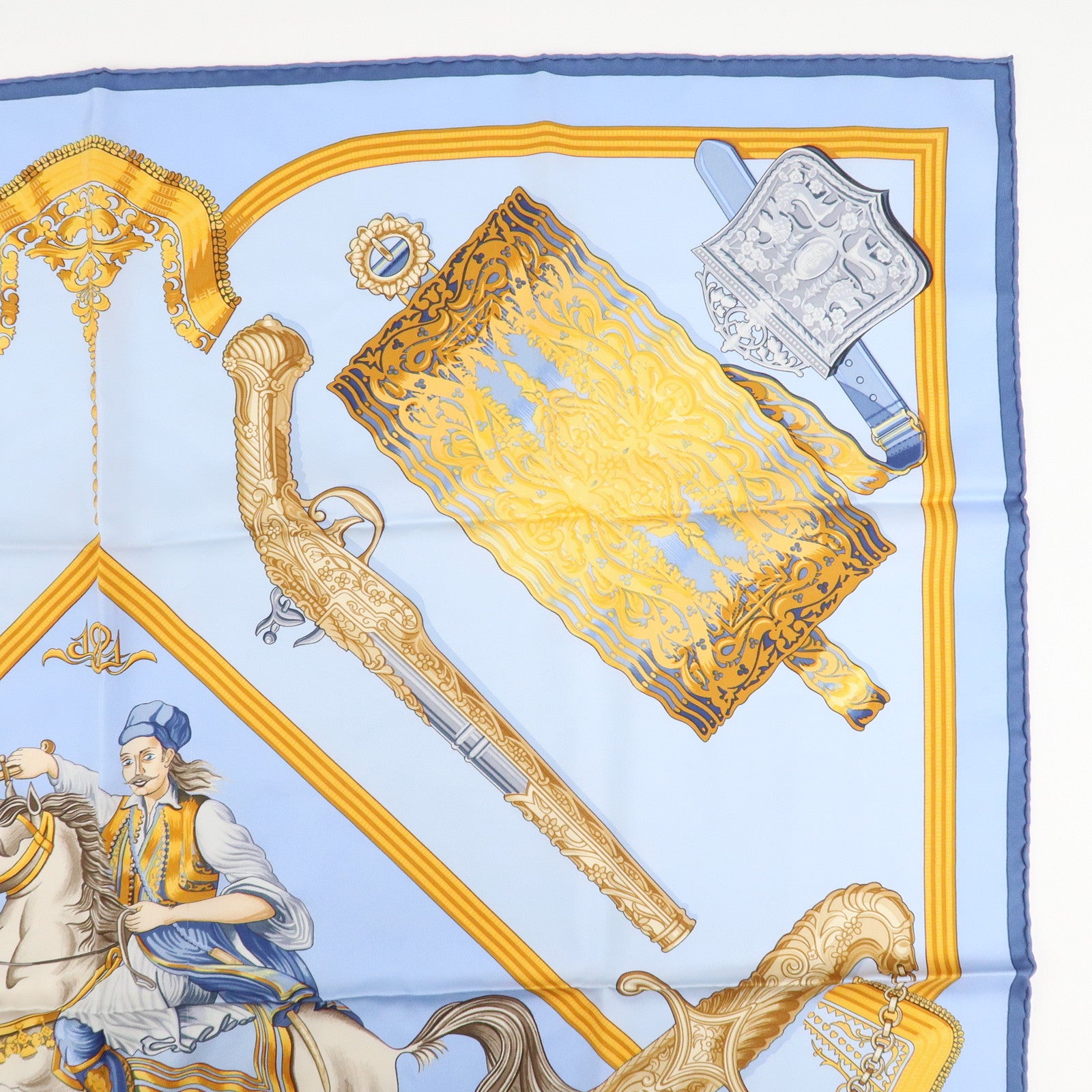 HERMES Carre 90 Silk 100% Scarf Cavaliers ottomans Light Blue Used