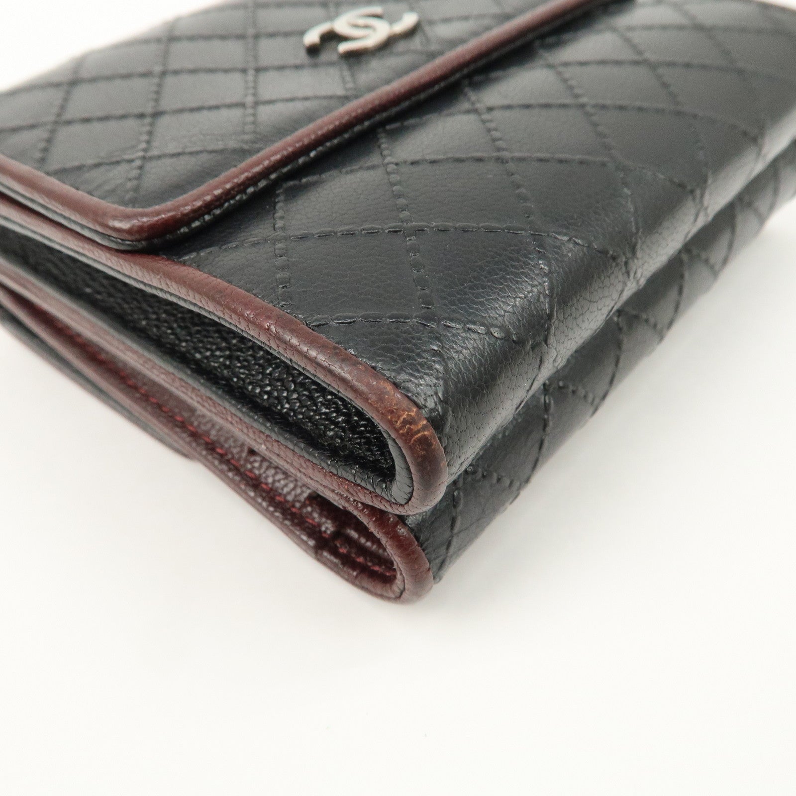 CHANEL Bicolore W Hook Leather Compact Wallet Black A33910 Used