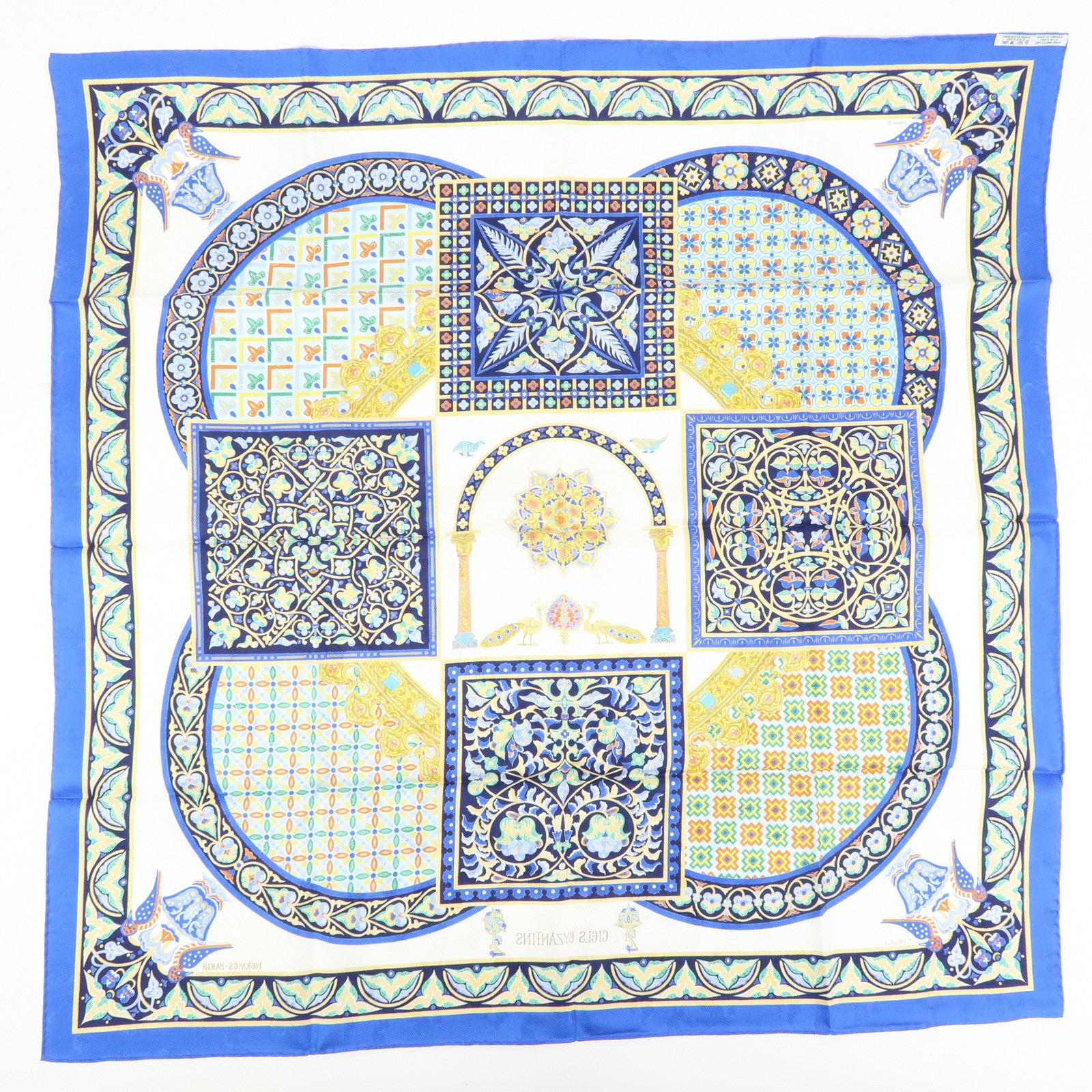 HERMES Carre 90 Silk 100% Scarf CIELS BYZANTINS Blue White