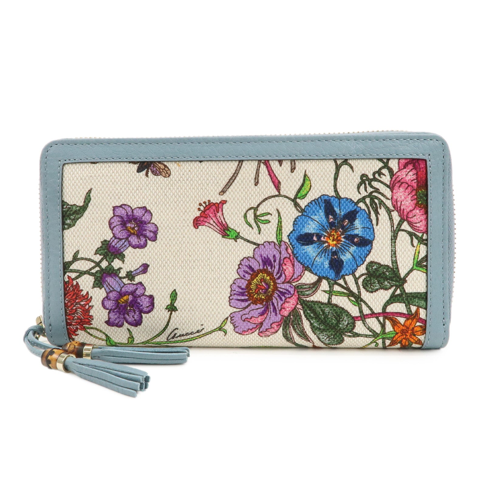 GUCCI Flora Bamboo Canvas Leather Round Zippy Long Wallet 356708