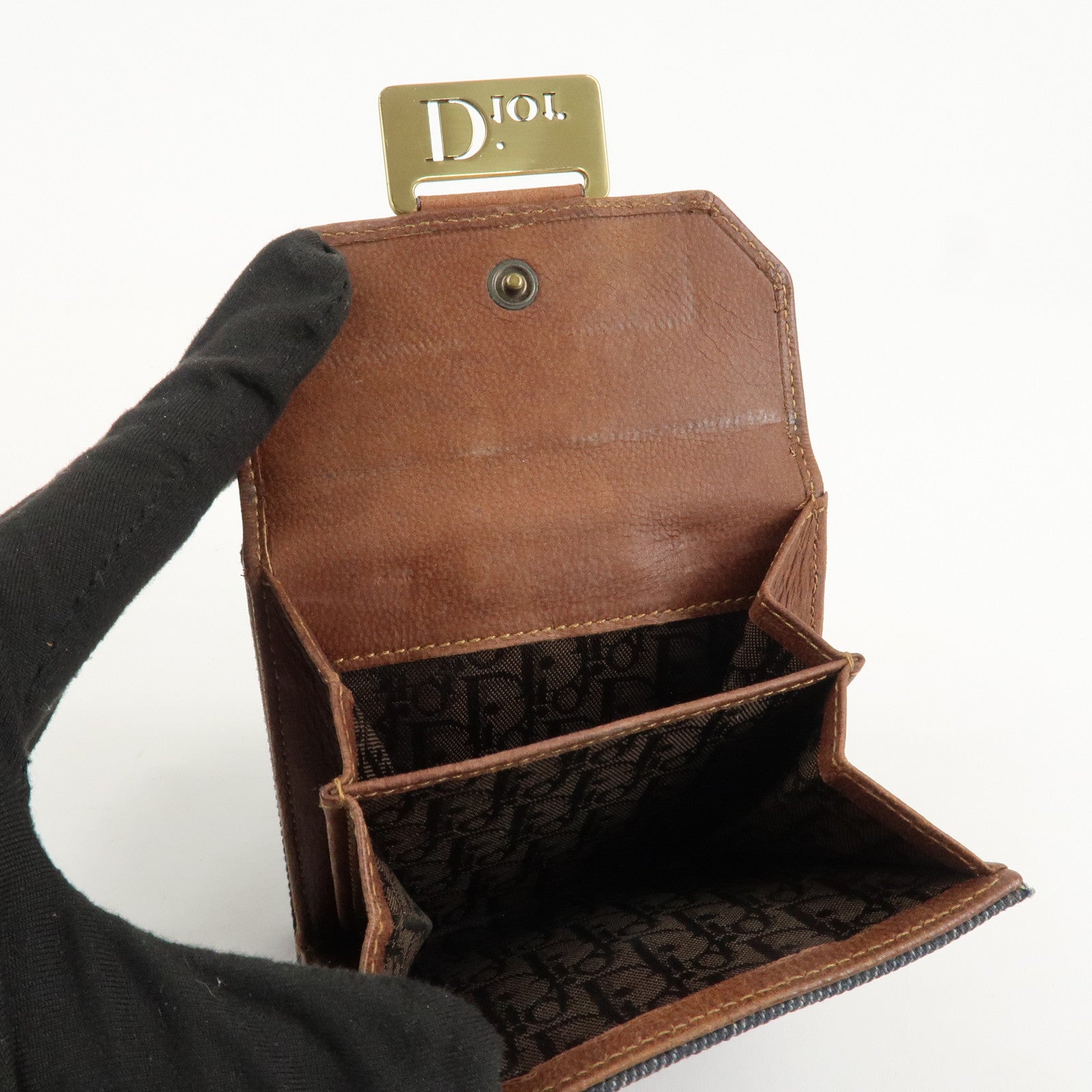 Christian Dior Leather Denim Bi-fold Compact Wallet 46BM-0024 Used