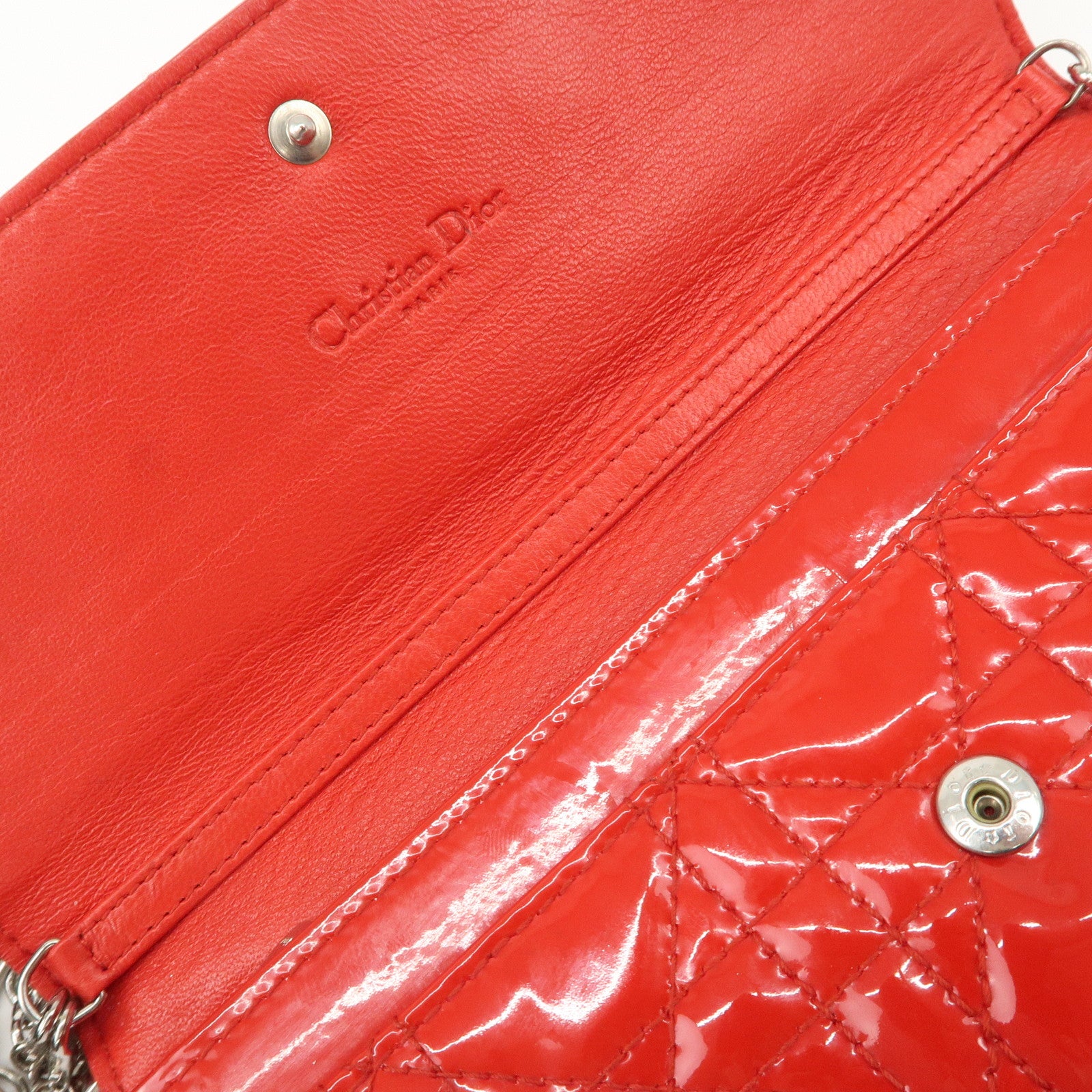 Christian Dior Lady Dior Cannage Patent Leather Chain Wallet Red Silver Used