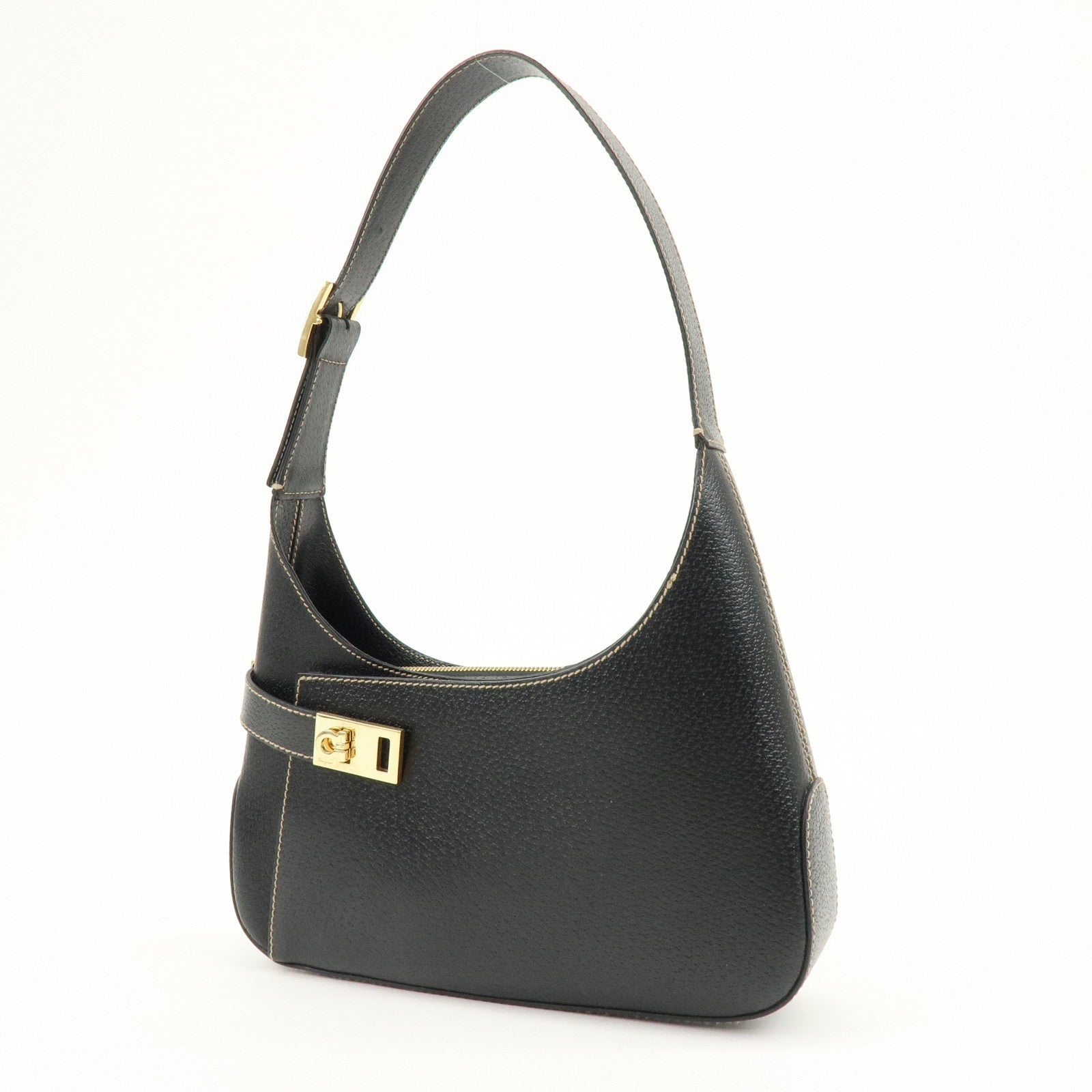 Ferragamo Gancini Leather Shoulder Bag Hand Bag Black