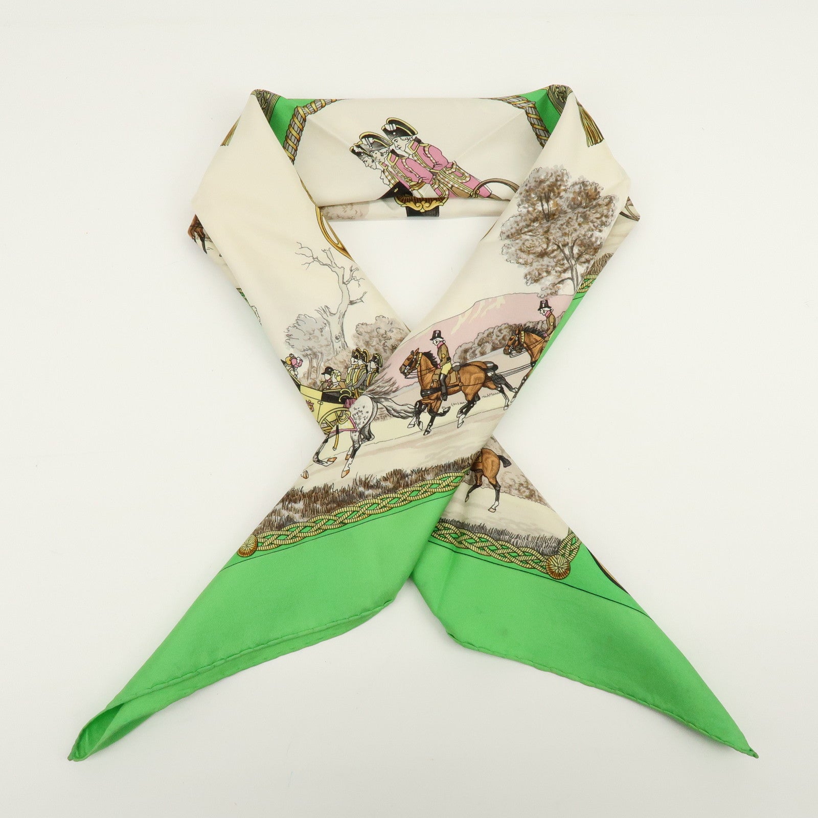 HERMES Carre 90 Silk 100% Scarf GRANDS ATTELAGES Green Pink Gold