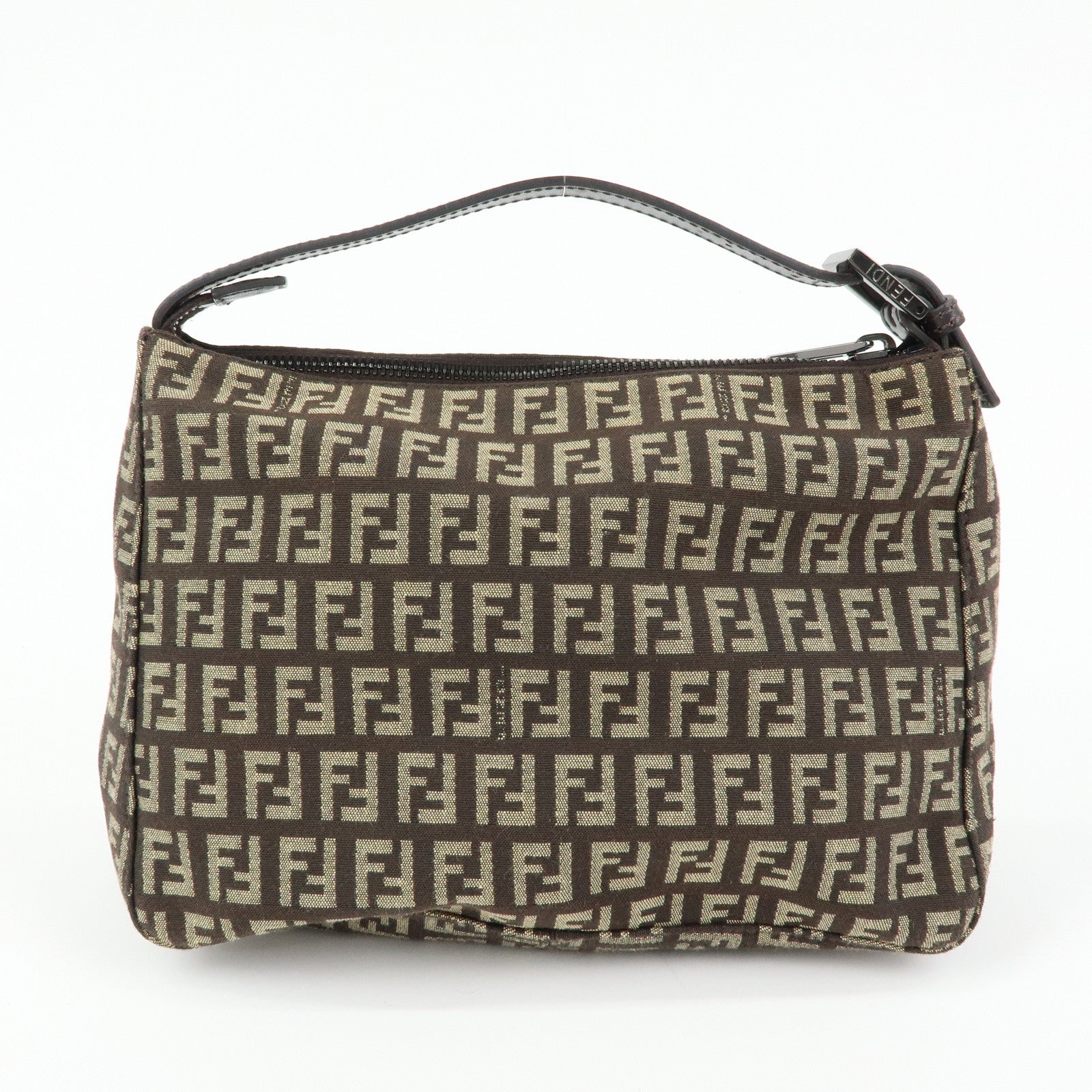 FENDI Zucchino Canvas Leather Hand Bag Pouch Brown 8N0005